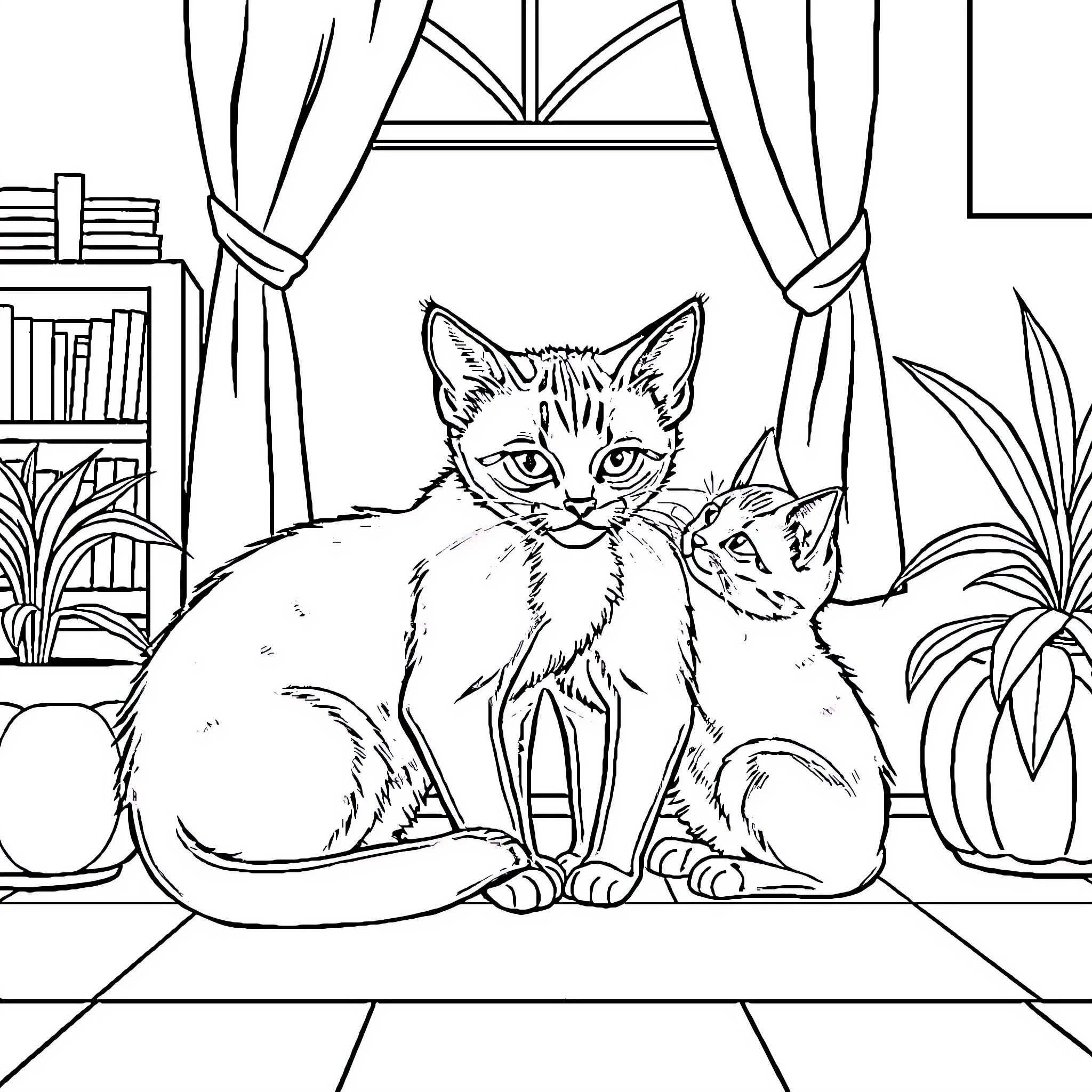 Kittens resting peacefully in cozy home Coloring Page (free black-and-white line drawing printable PDF for all, from beginners to advanced learners, including children, teens, adults, and seniors)