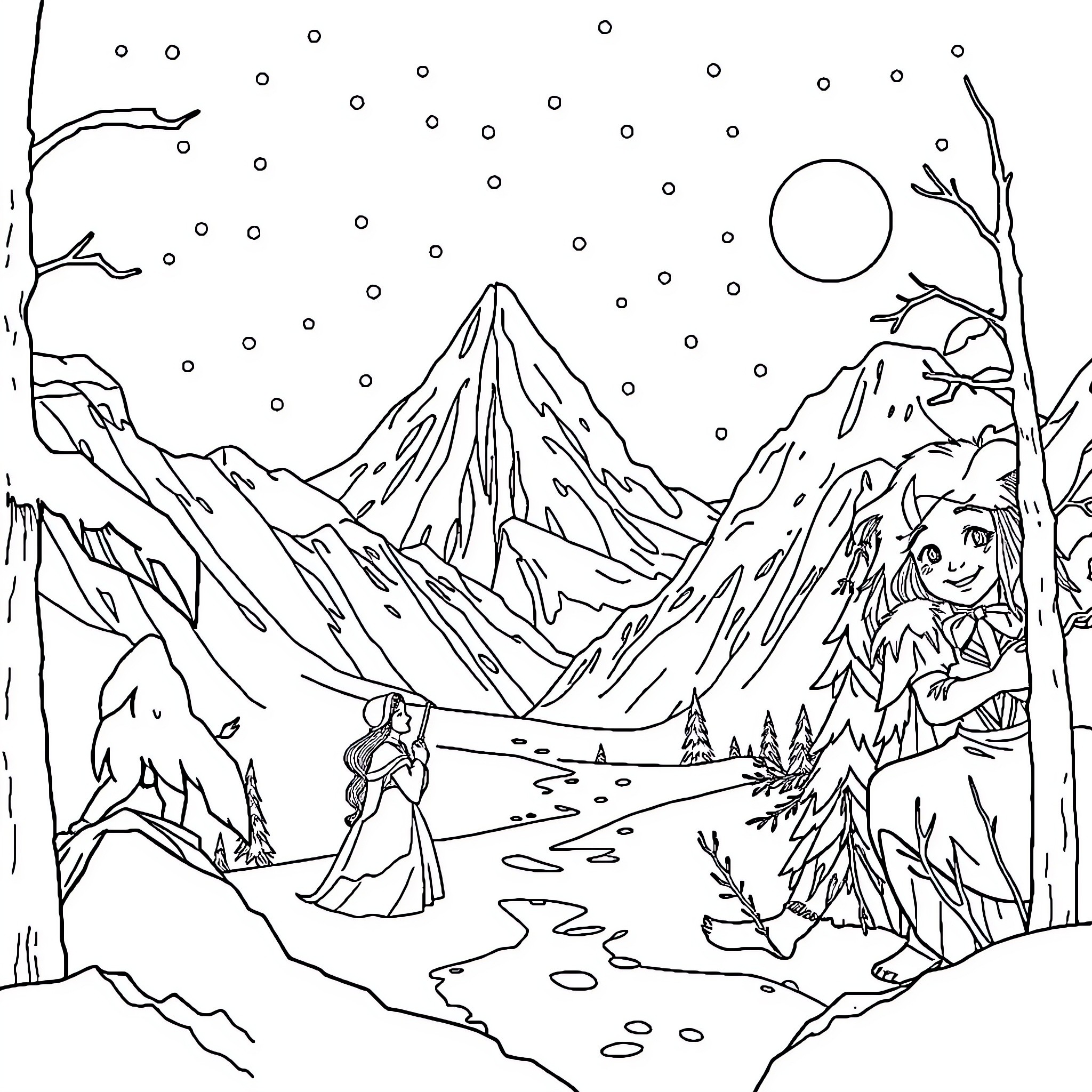Snow Queen on a Winter Wonderland Adventure Coloring Page (free black-and-white line drawing printable PDF for all, from beginners to advanced learners, including children, teens, adults, and seniors)