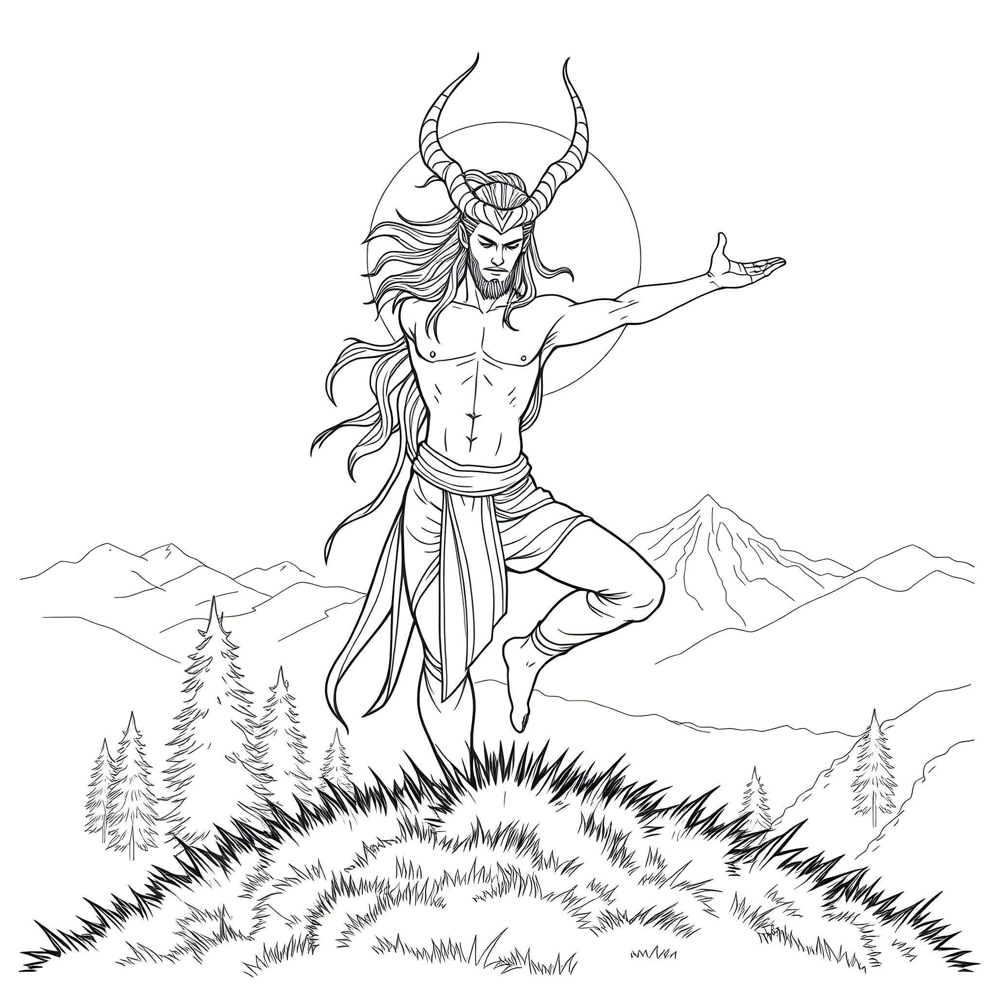 Loki, the Trickster God, in Majestic Pose Coloring Page (free black-and-white line drawing printable PDF for all, from beginners to advanced learners, including children, teens, adults, and seniors)