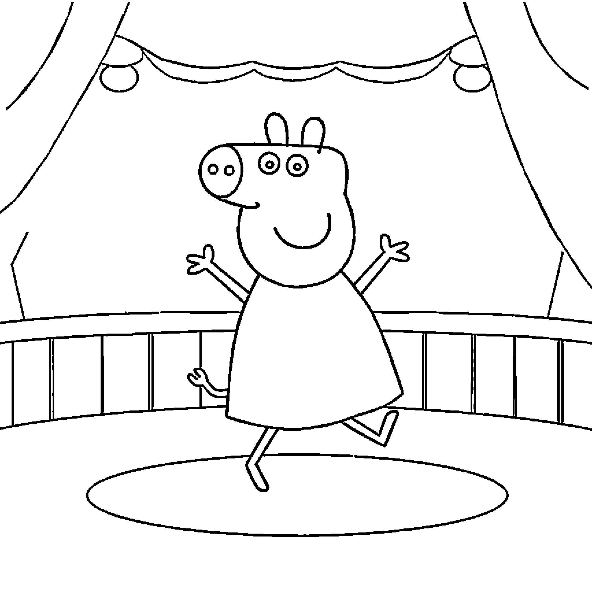 Peppa Pig on stage performing Coloring Page (free black-and-white line drawing printable PDF for all, from beginners to advanced learners, including children, teens, adults, and seniors)