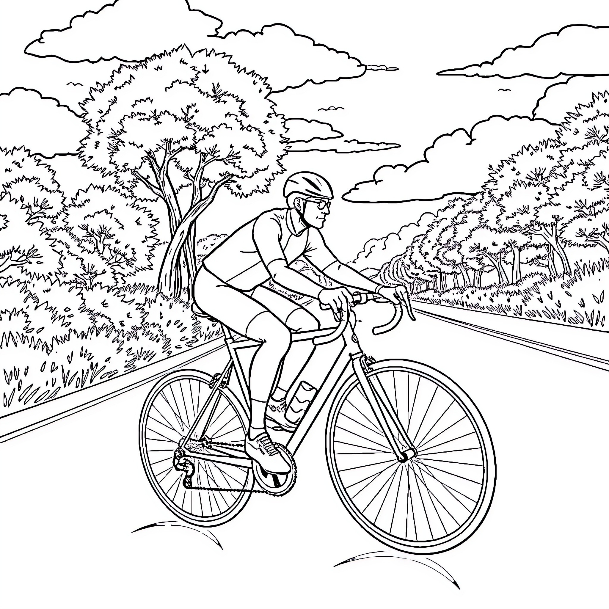 Bike rider pedaling through a scenic landscape Coloring Page (free black-and-white line drawing printable PDF for all, from beginners to advanced learners, including children, teens, adults, and seniors)