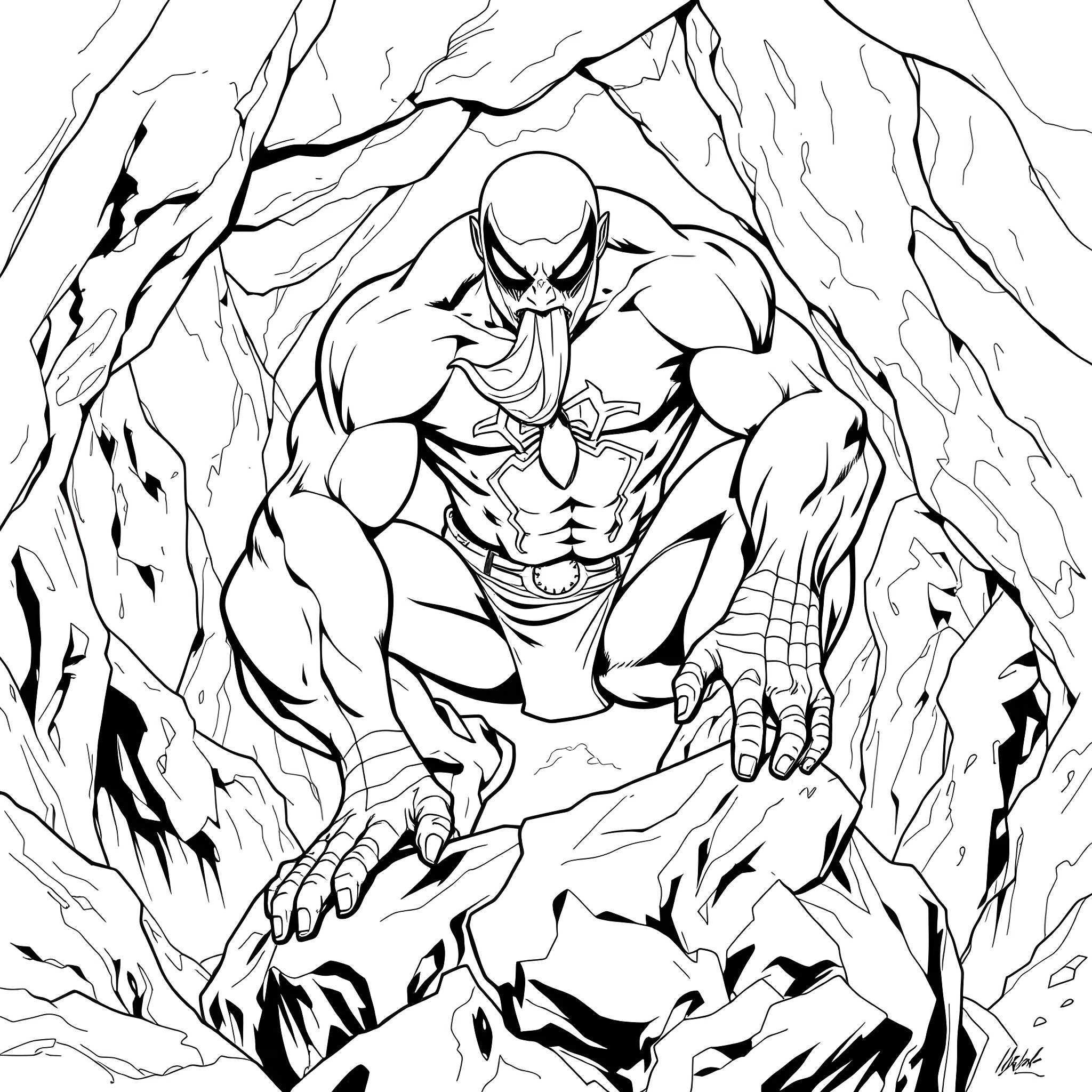 Hulk smashing through the rocky terrain Coloring Page (free black-and-white line drawing printable PDF for all, from beginners to advanced learners, including children, teens, adults, and seniors)