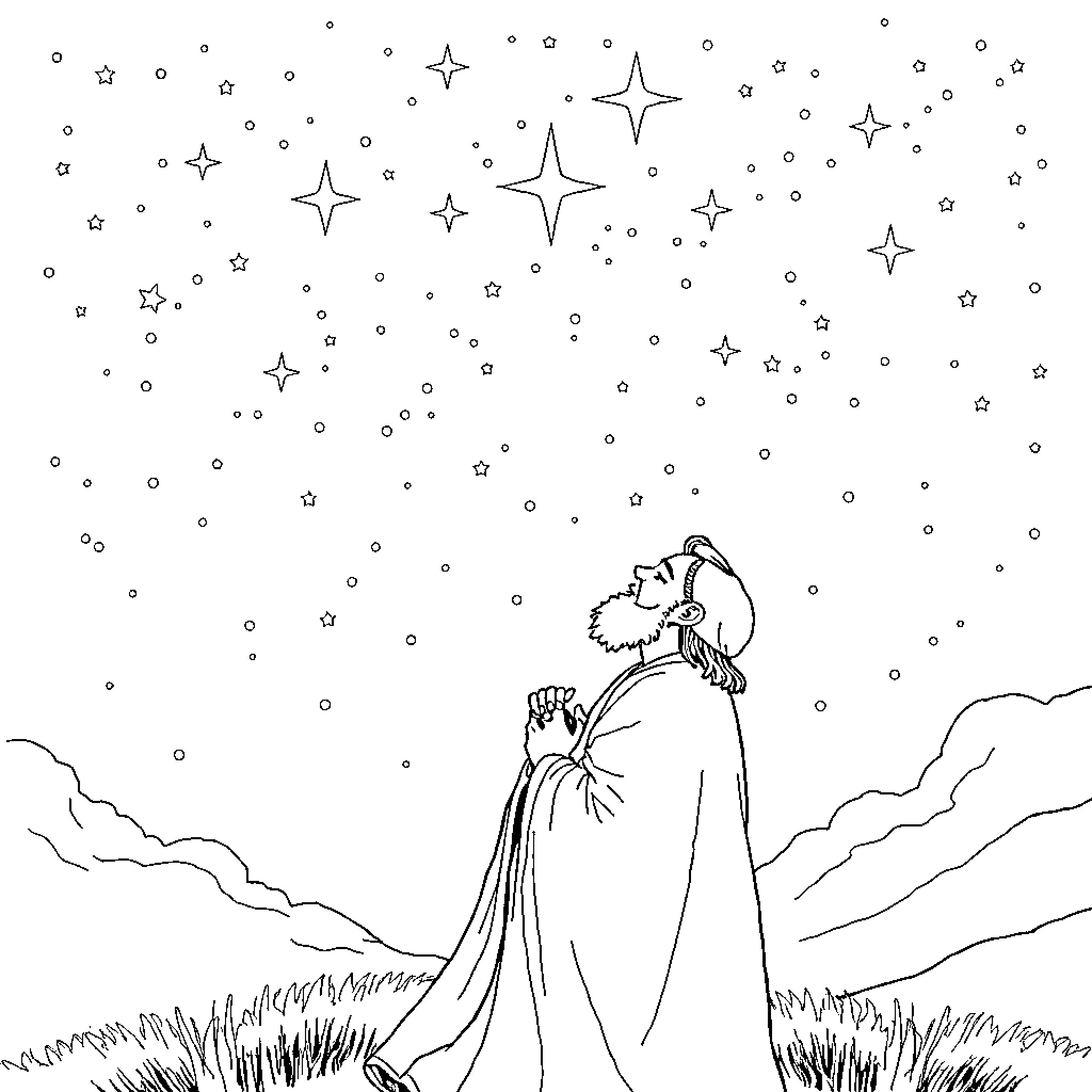 Rumi gazing at the starry night sky Coloring Page (free black-and-white line drawing printable PDF for all, from beginners to advanced learners, including children, teens, adults, and seniors)