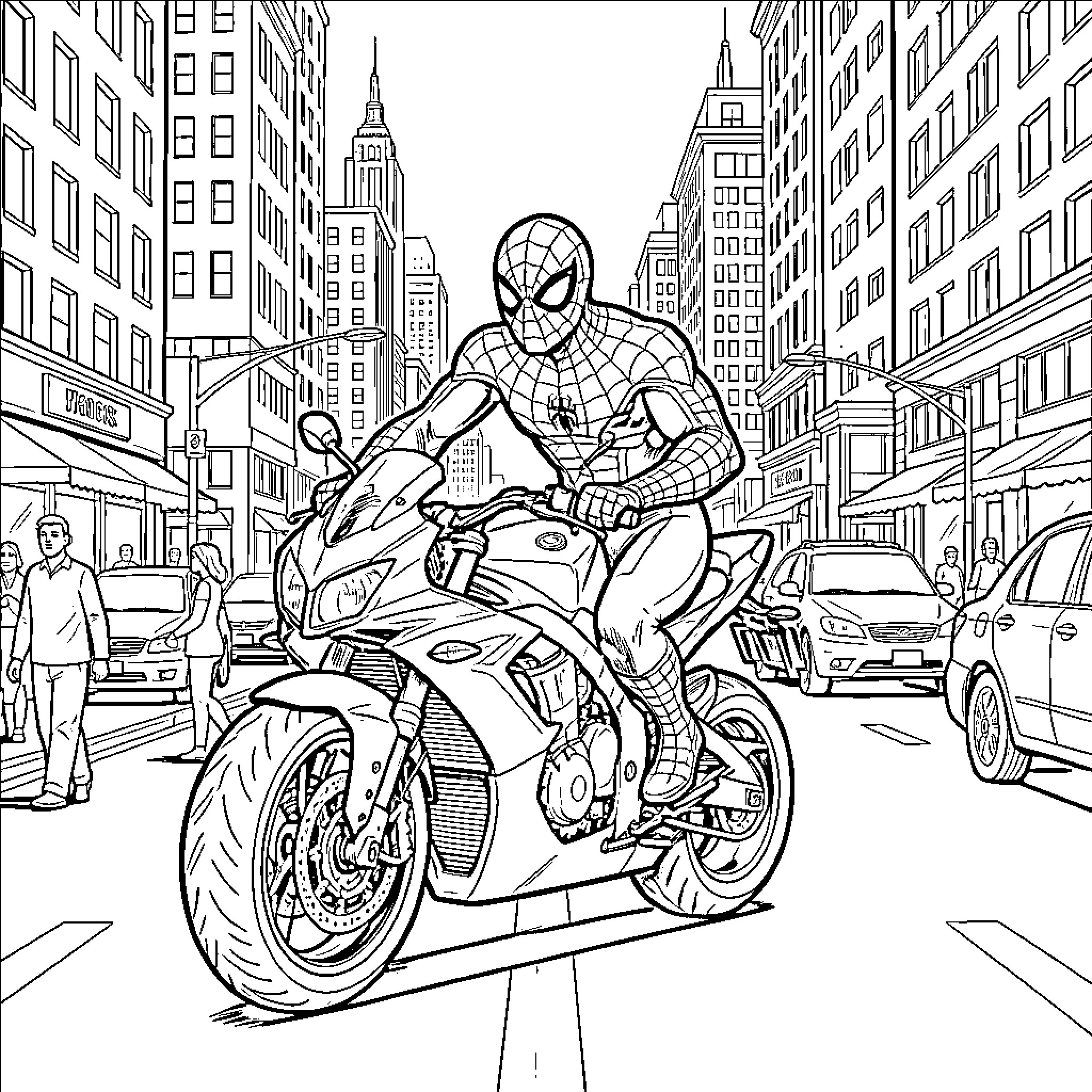 Spiderman speeding through the city on a motorcycle Coloring Page (free black-and-white line drawing printable PDF for all, from beginners to advanced learners, including children, teens, adults, and seniors)