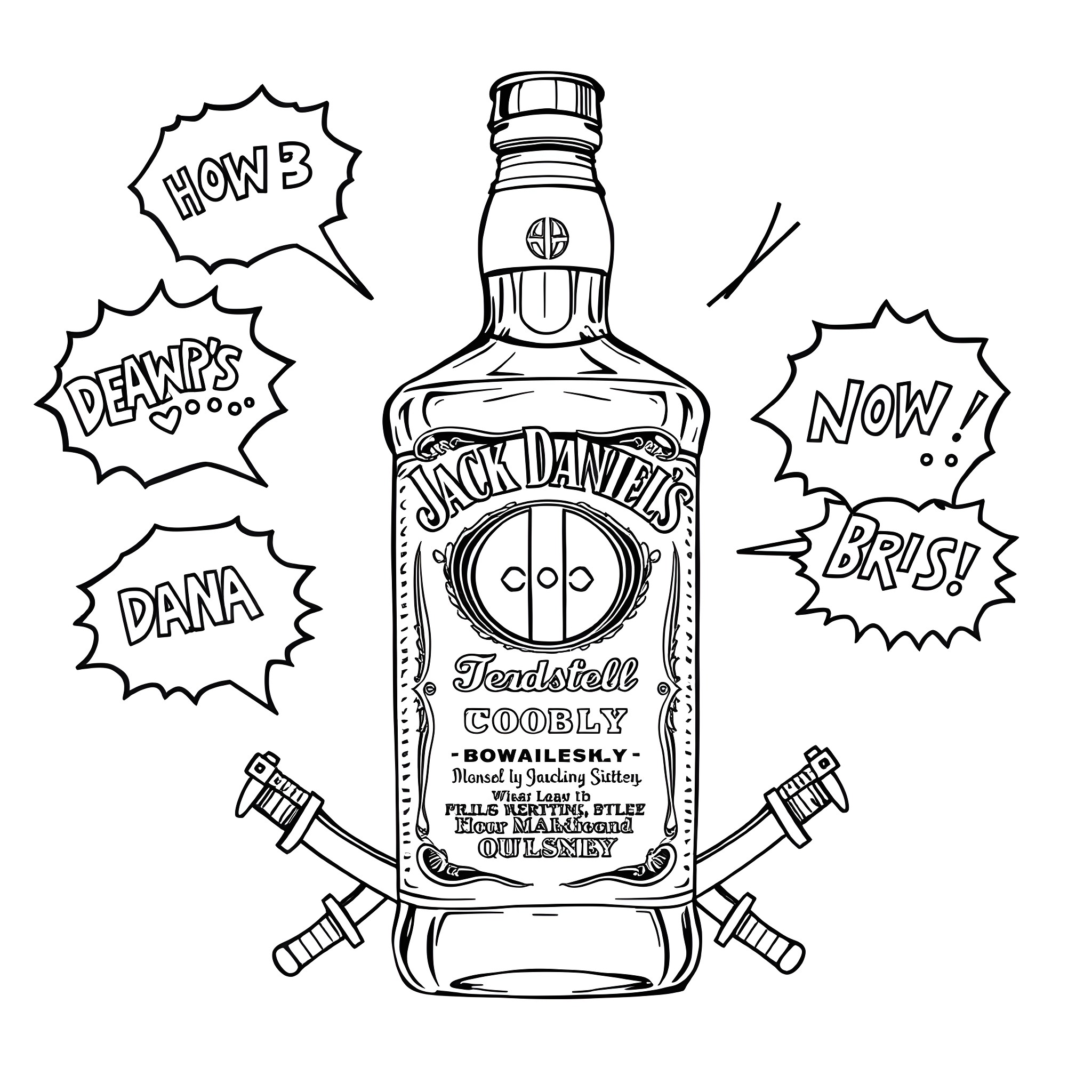 Deadpool's crazy antics with a bottle of Jack Daniel's Coloring Page (free black-and-white line drawing printable PDF for all, from beginners to advanced learners, including children, teens, adults, and seniors)
