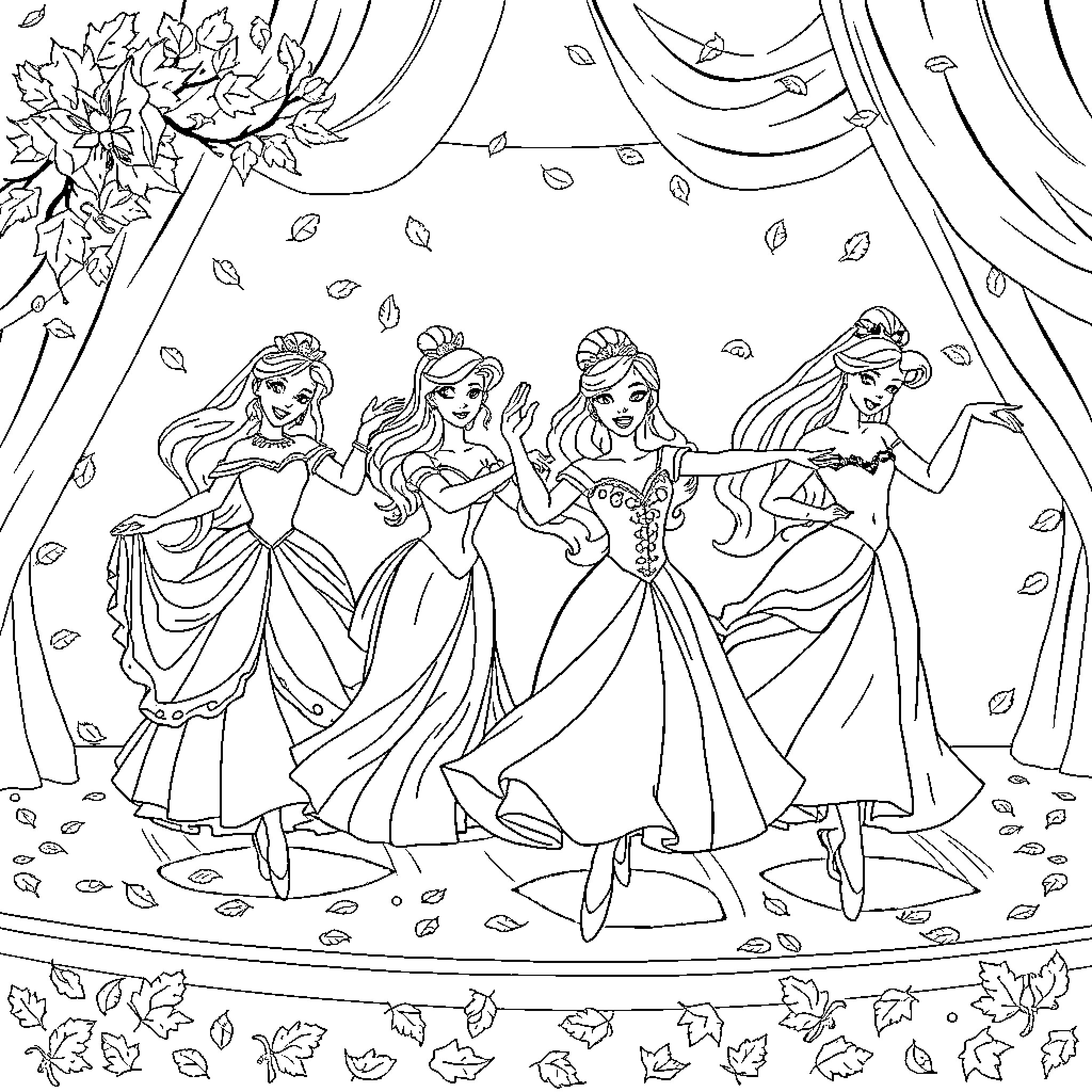 Disney Princesses Dancing in Glamorous Gowns Coloring Page (free black-and-white line drawing printable PDF for all, from beginners to advanced learners, including children, teens, adults, and seniors)