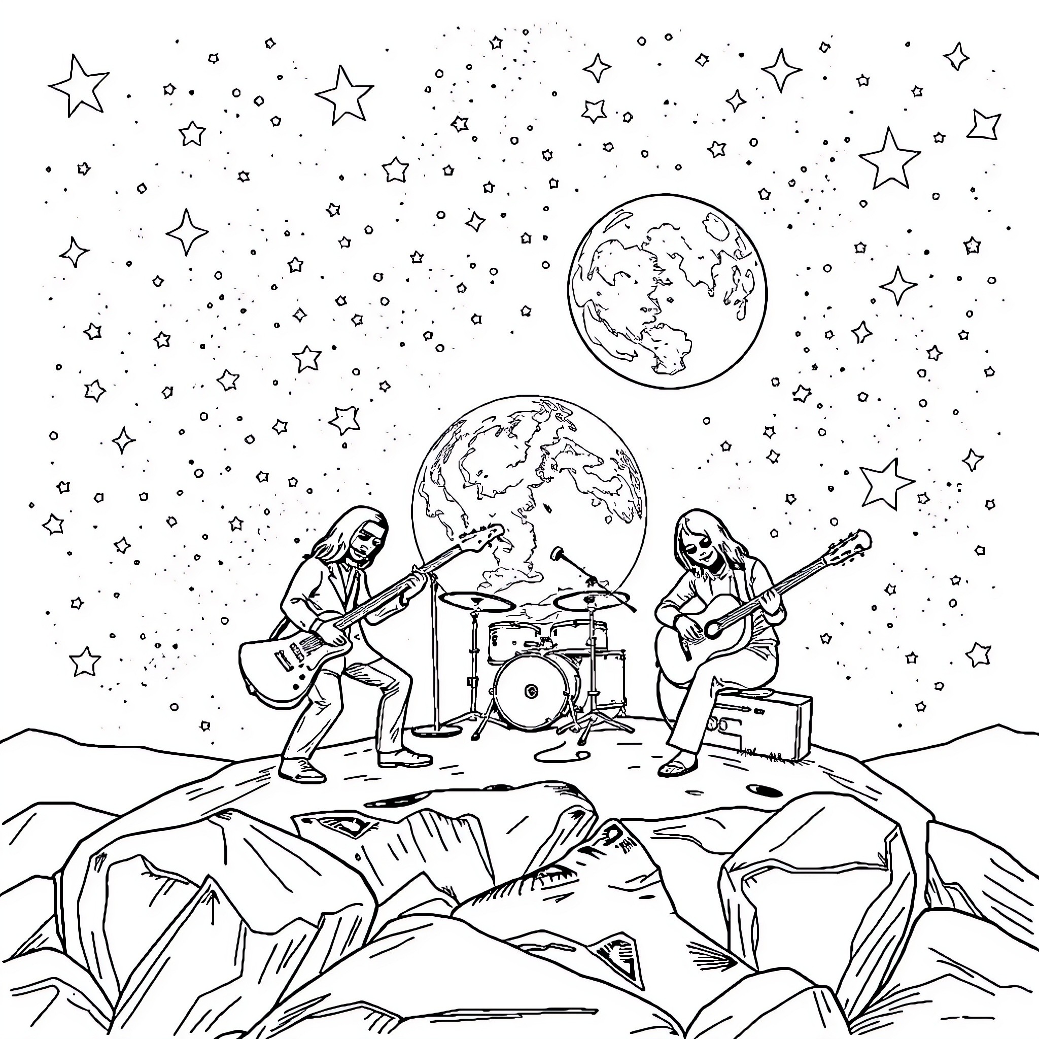 Grateful Dead performing under the stars Coloring Page (free black-and-white line drawing printable PDF for all, from beginners to advanced learners, including children, teens, adults, and seniors)