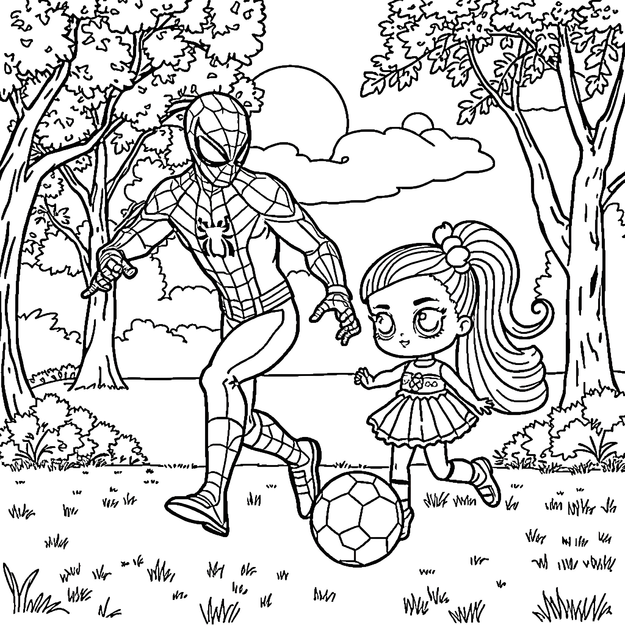 Spiderman playing soccer with a young girl in the park Coloring Page (free black-and-white line drawing printable PDF for all, from beginners to advanced learners, including children, teens, adults, and seniors)