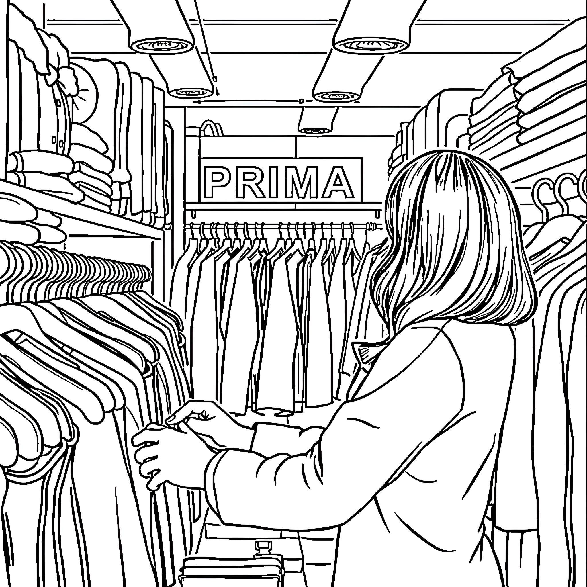 Woman browsing clothing in a retail store Coloring Page (free black-and-white line drawing printable PDF for all, from beginners to advanced learners, including children, teens, adults, and seniors)