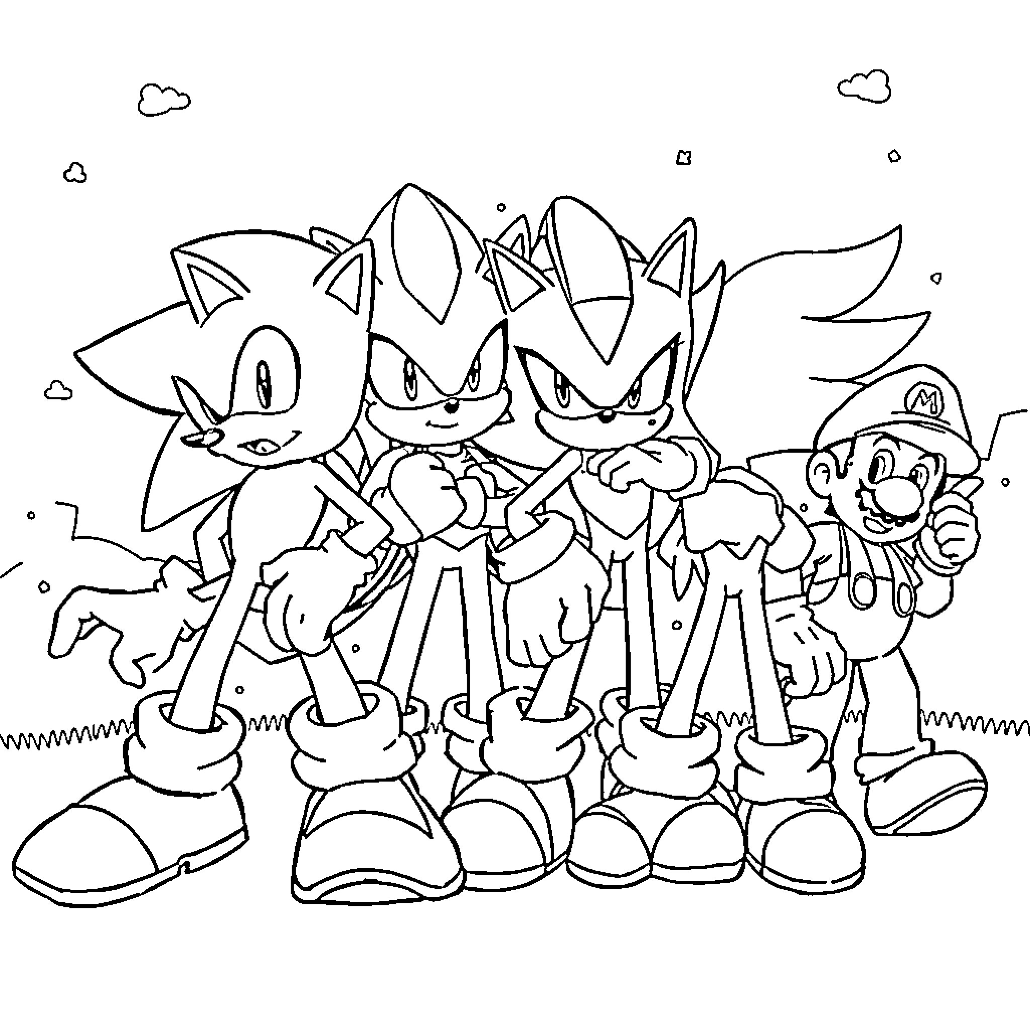 Sonic and friends on an adventure Coloring Page (free black-and-white line drawing printable PDF for all, from beginners to advanced learners, including children, teens, adults, and seniors)