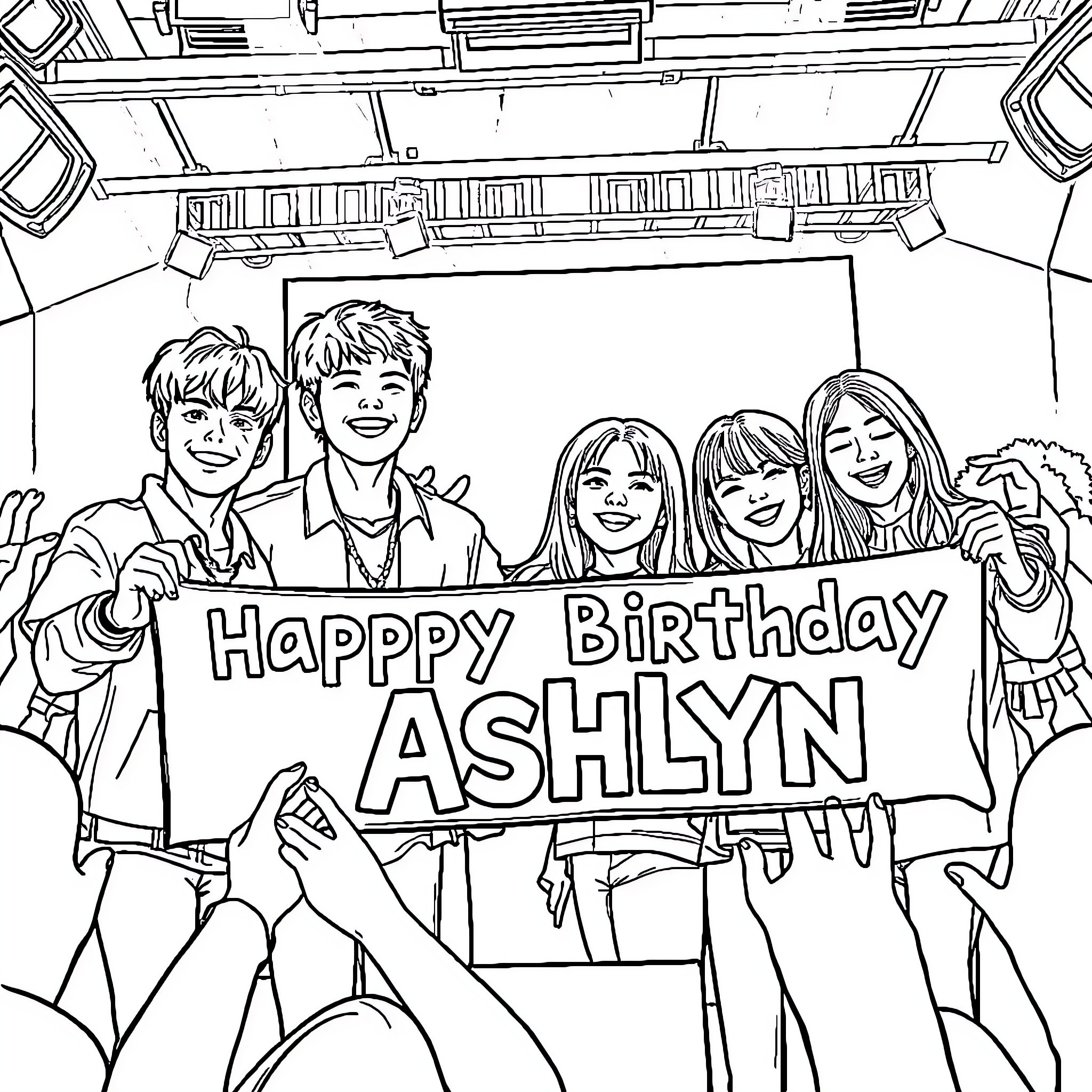 Stray Kids Celebrate Ashlyn's Birthday Coloring Page (free black-and-white line drawing printable PDF for all, from beginners to advanced learners, including children, teens, adults, and seniors)