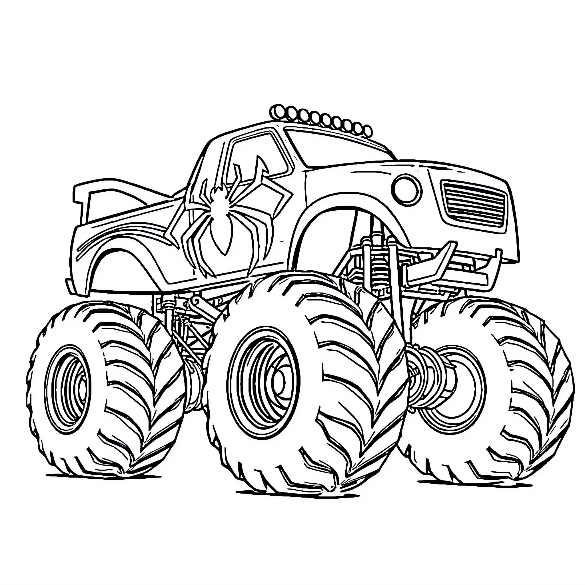 Monster Truck Crushing Through with Massive Tires Coloring Page (free black-and-white line drawing printable PDF for all, from beginners to advanced learners, including children, teens, adults, and seniors)