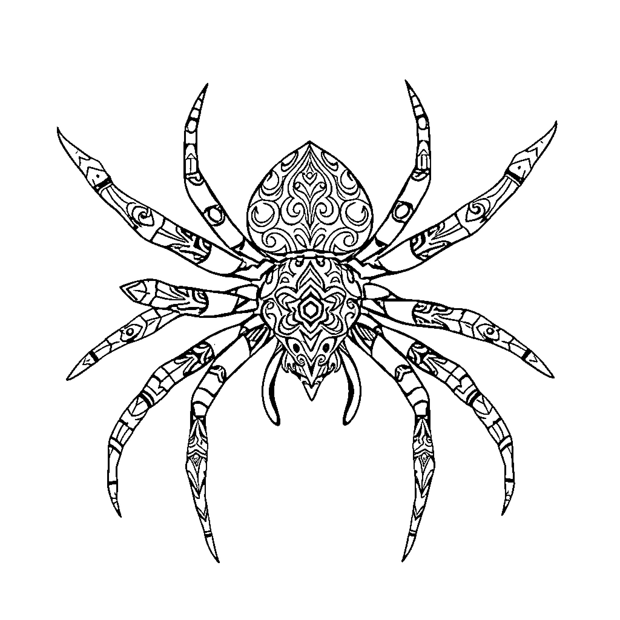 Spider with ornate, intricate patterns Coloring Page (free black-and-white line drawing printable PDF for all, from beginners to advanced learners, including children, teens, adults, and seniors)