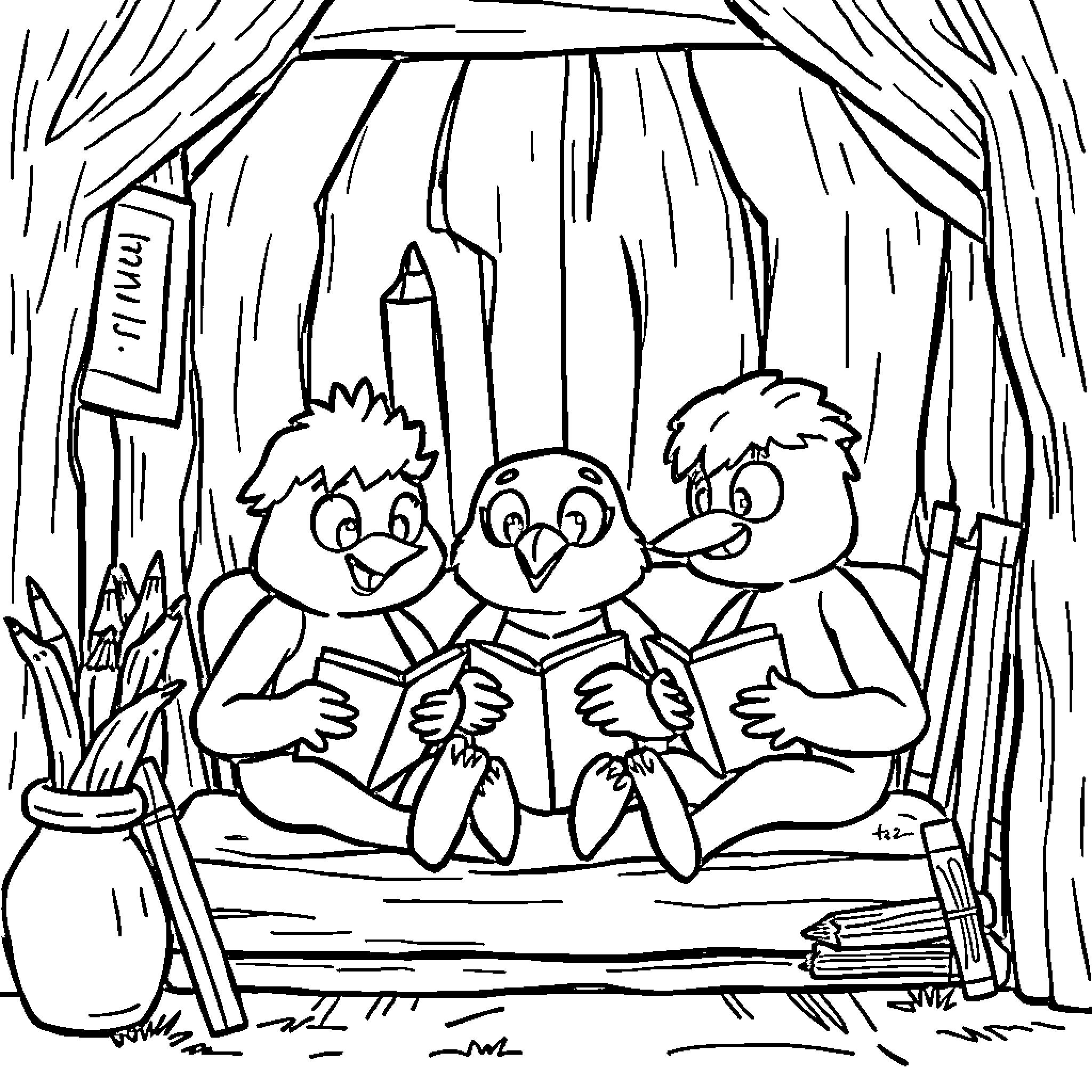 Picapiedra characters reading books together Coloring Page (free black-and-white line drawing printable PDF for all, from beginners to advanced learners, including children, teens, adults, and seniors)