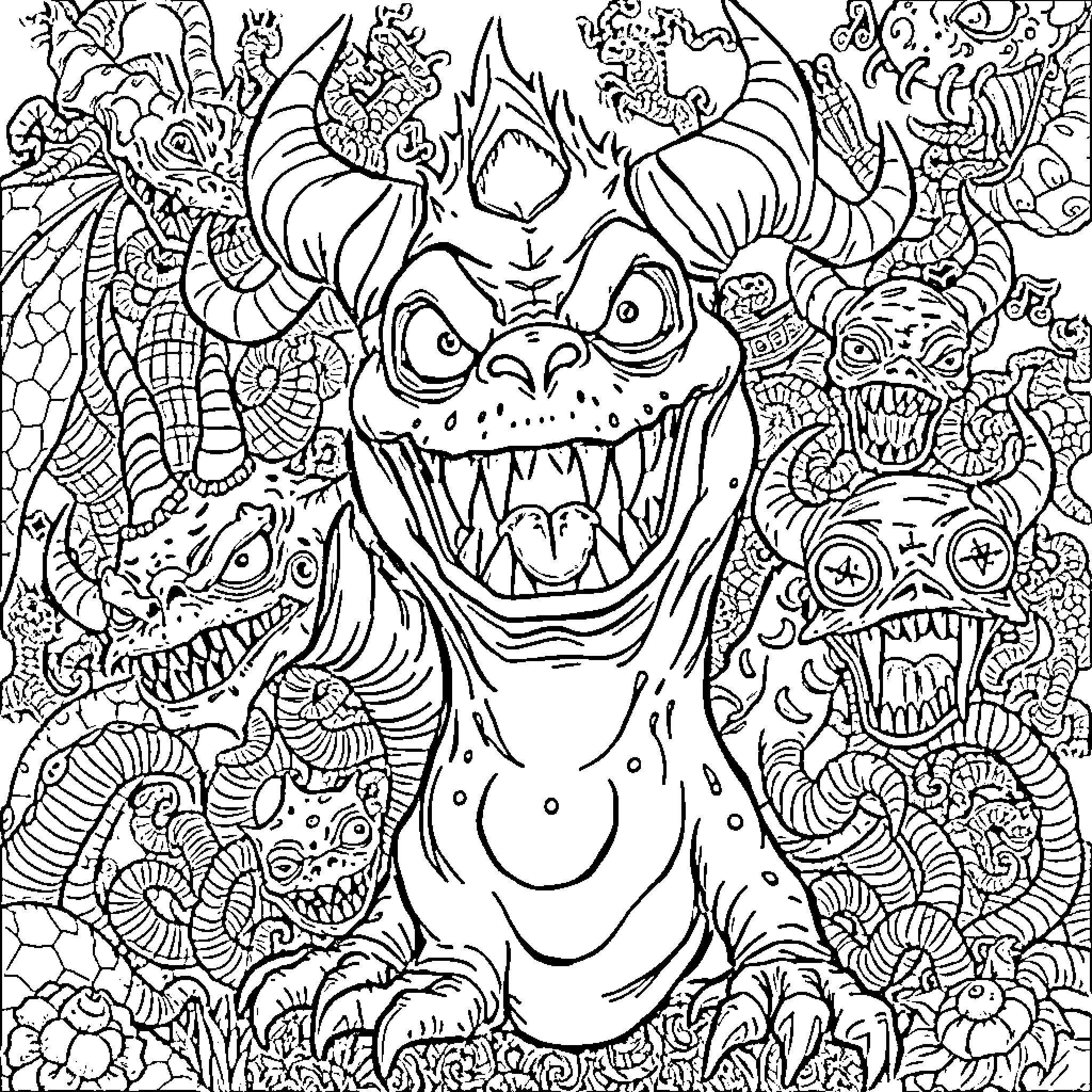 Monster unleashing a wild menagerie of fantastical creatures Coloring Page (free black-and-white line drawing printable PDF for all, from beginners to advanced learners, including children, teens, adults, and seniors)