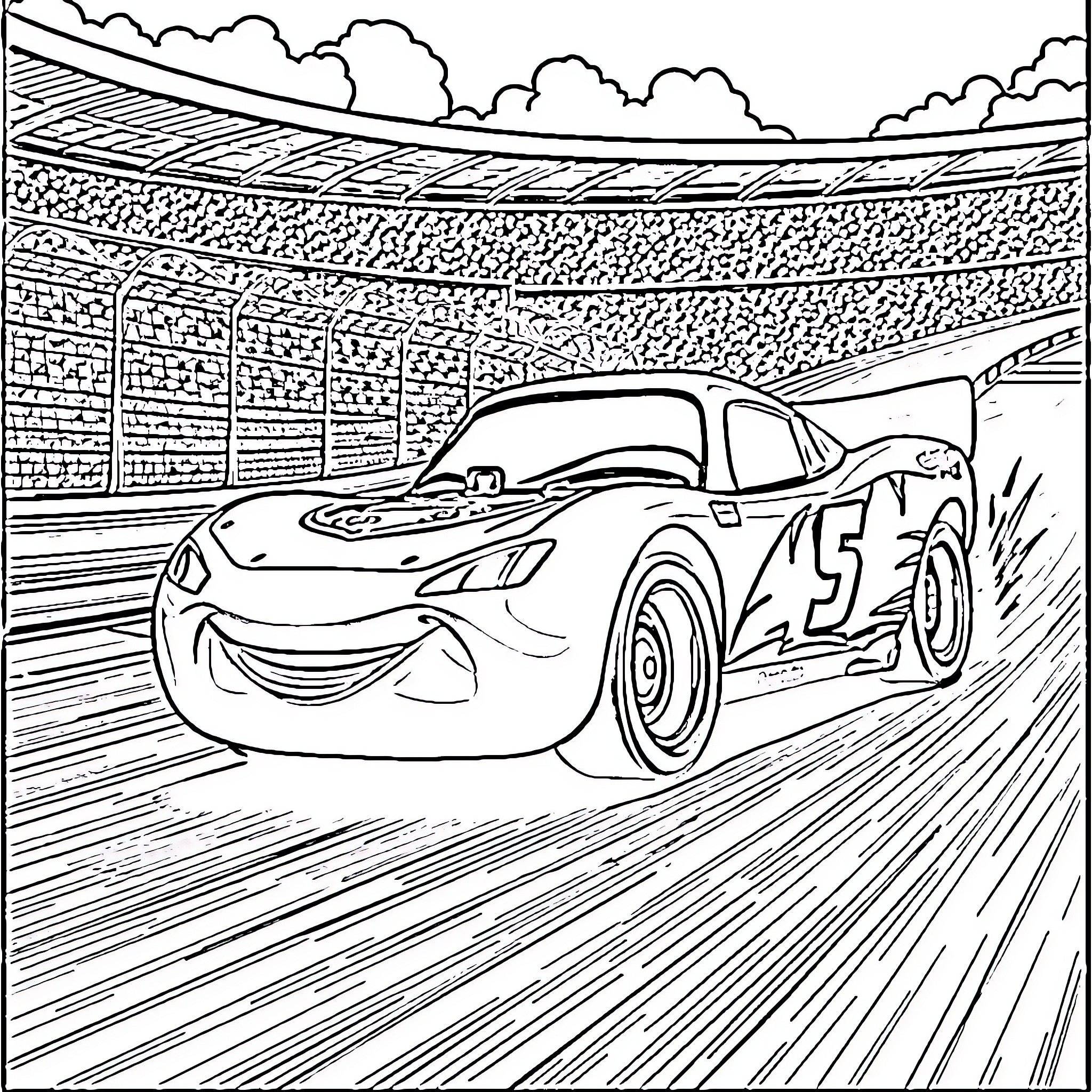 Lightning McQueen racing on the track Coloring Page (free black-and-white line drawing printable PDF for all, from beginners to advanced learners, including children, teens, adults, and seniors)