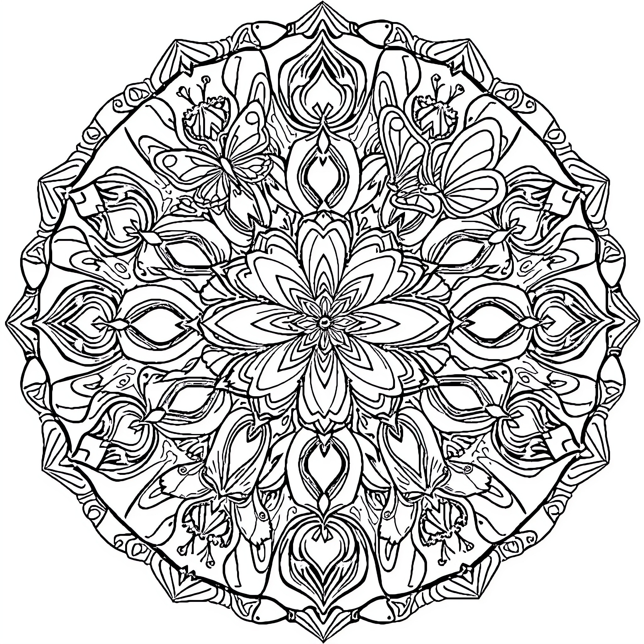 Mandala of intricate floral patterns and symmetry Coloring Page (free black-and-white line drawing printable PDF for all, from beginners to advanced learners, including children, teens, adults, and seniors)