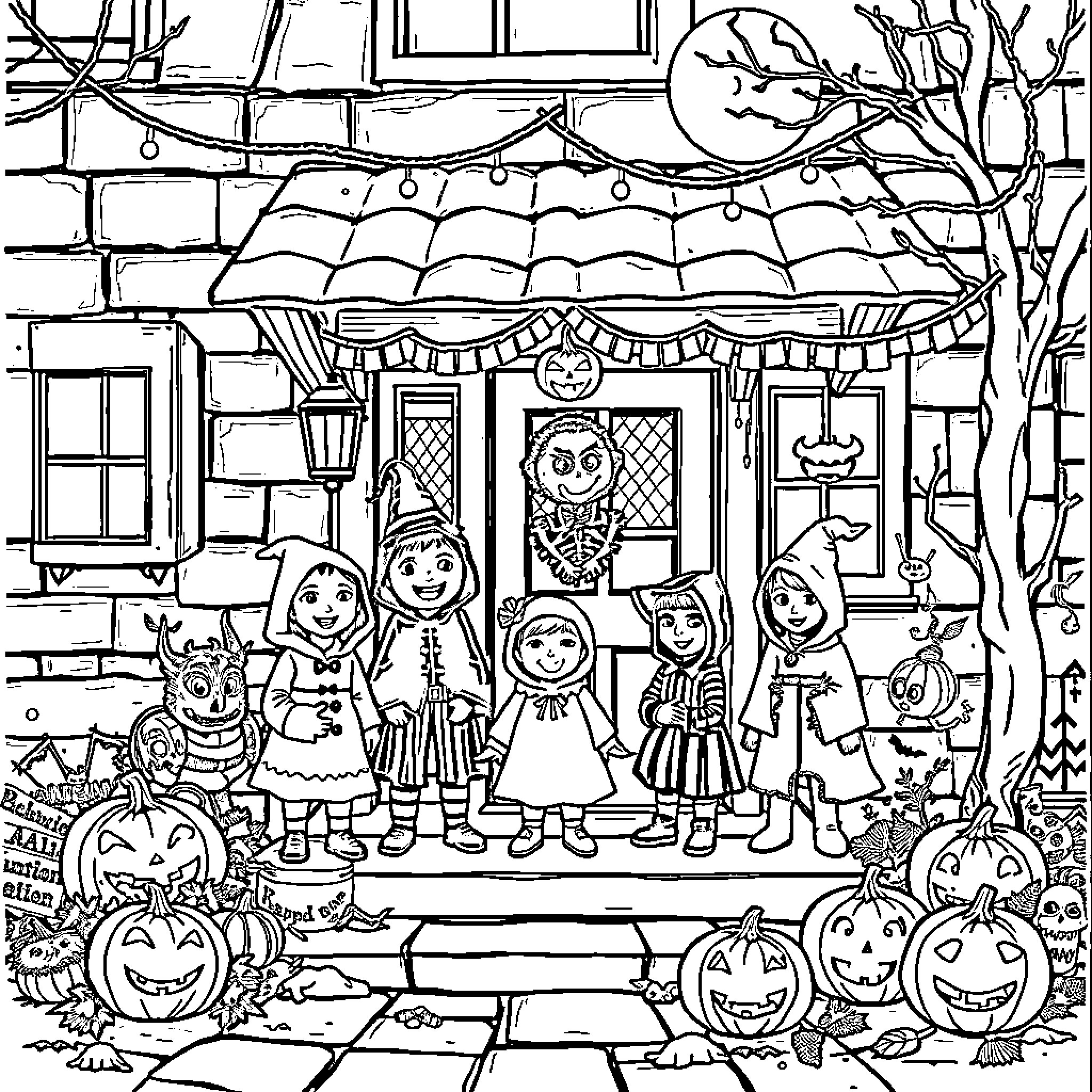 Halloween Fun: Children in Costumes Celebrate Outdoors Coloring Page (free black-and-white line drawing printable PDF for all, from beginners to advanced learners, including children, teens, adults, and seniors)
