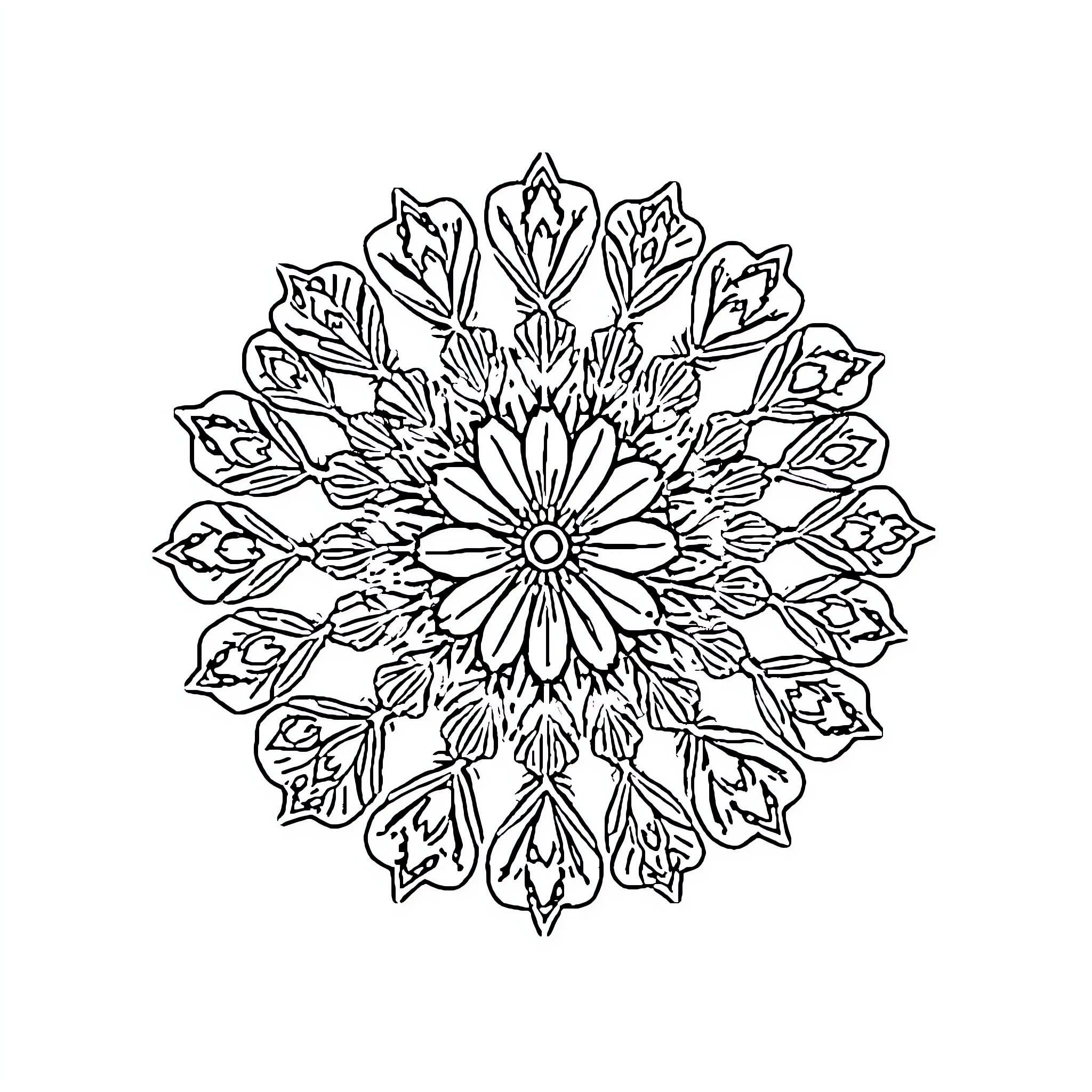 Mandala with intricate floral design Coloring Page (free black-and-white line drawing printable PDF for all, from beginners to advanced learners, including children, teens, adults, and seniors)