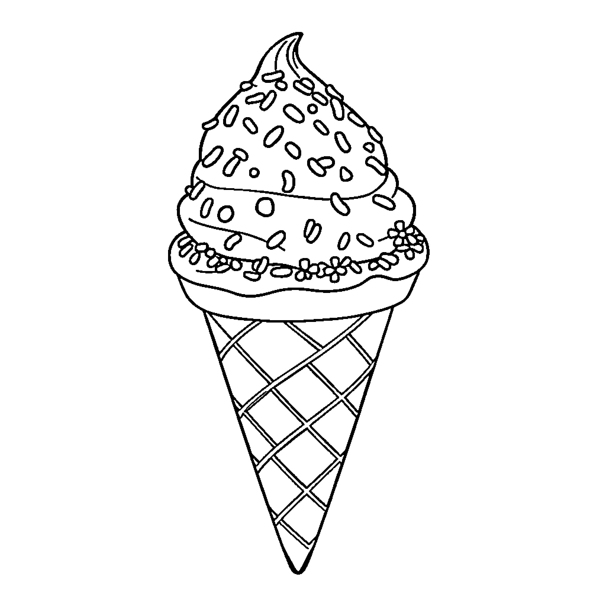 Ice Cream Cone with Swirling Topping Coloring Page (free black-and-white line drawing printable PDF for all, from beginners to advanced learners, including children, teens, adults, and seniors)