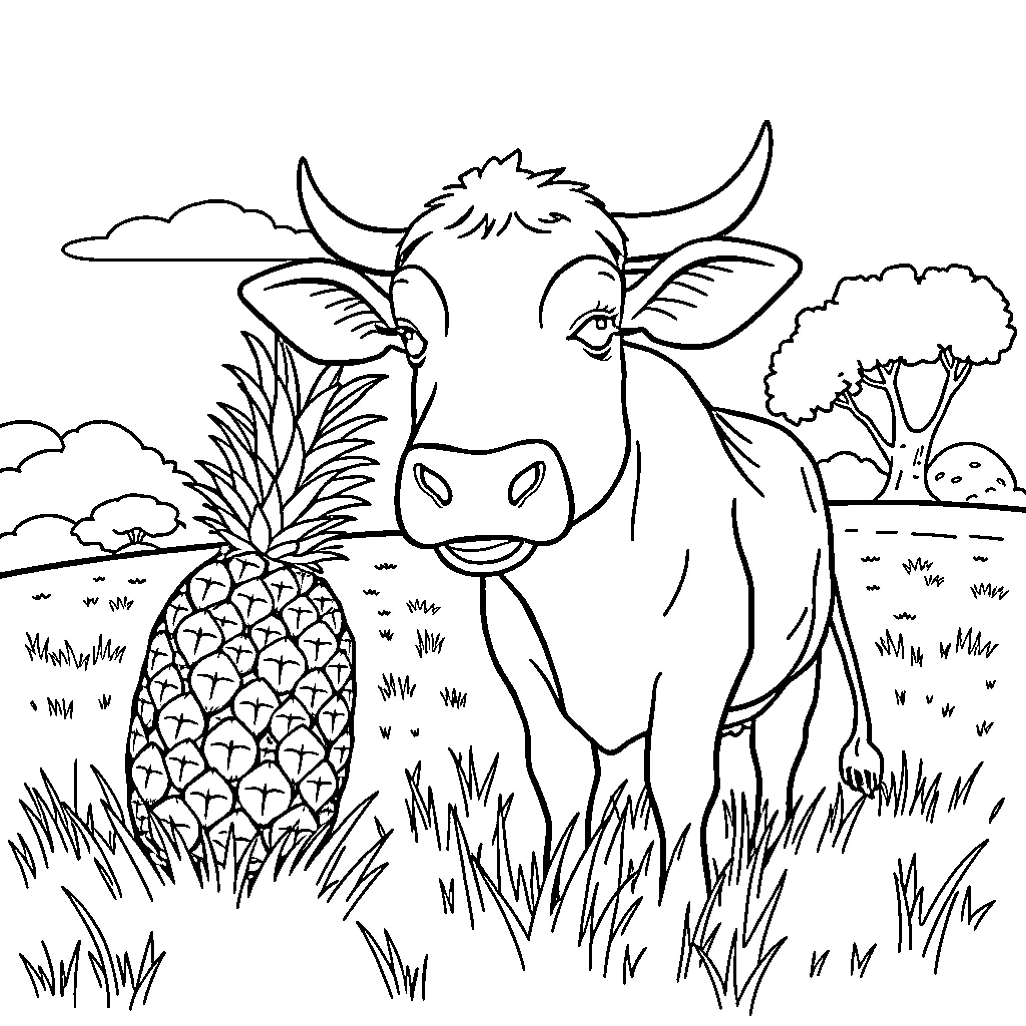 Cow standing in the pasture Coloring Page (free black-and-white line drawing printable PDF for all, from beginners to advanced learners, including children, teens, adults, and seniors)