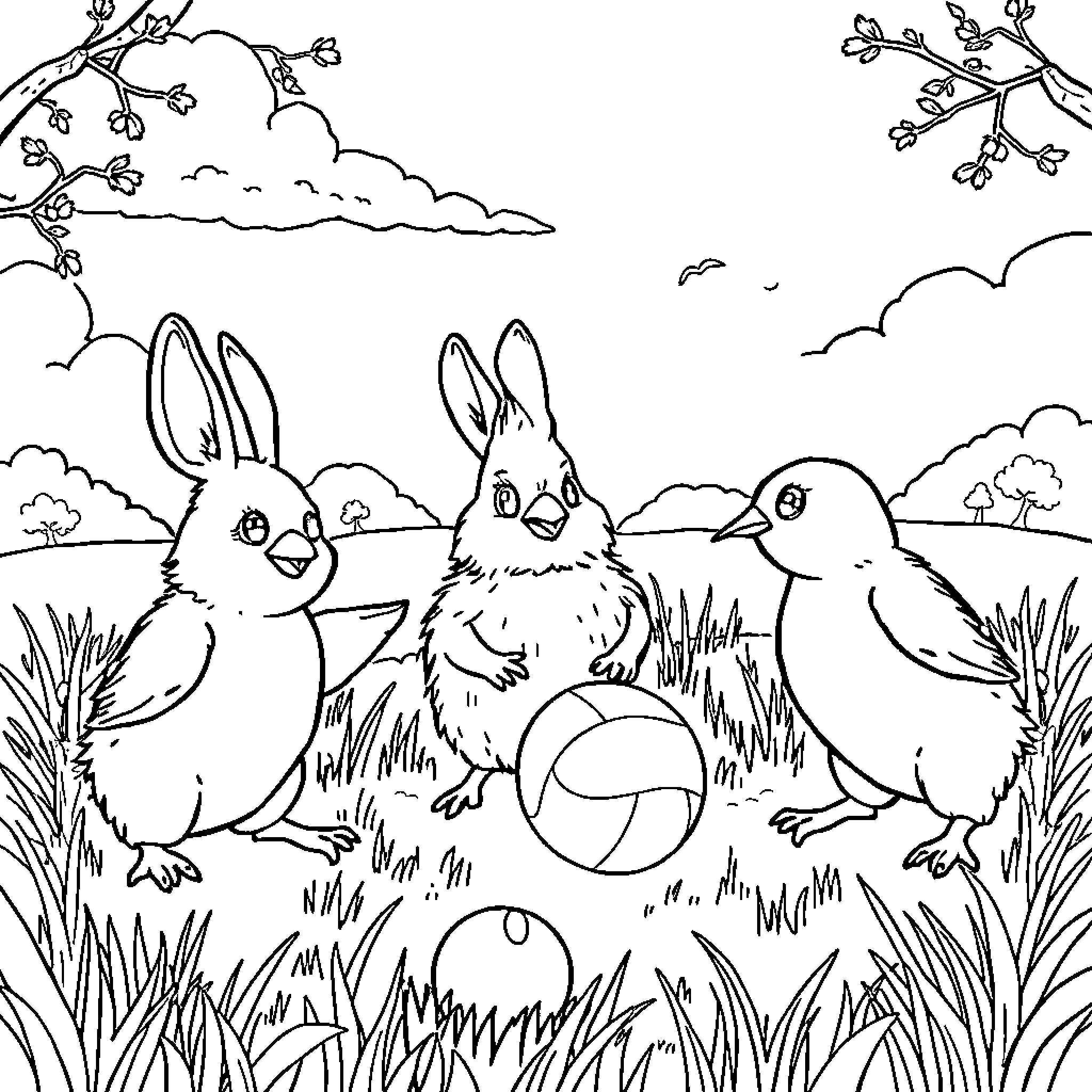 Conejo Rabbits Playing with Ball in Meadow Coloring Page (free black-and-white line drawing printable PDF for all, from beginners to advanced learners, including children, teens, adults, and seniors)