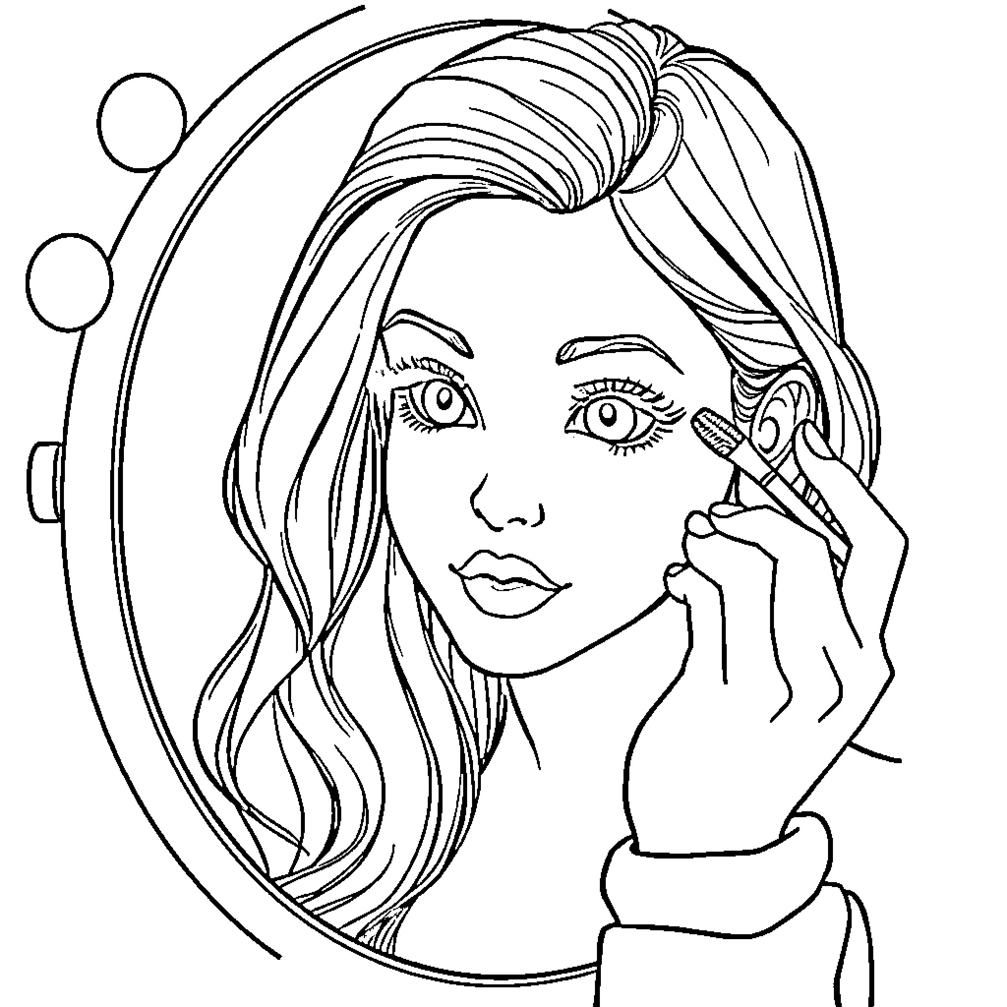 Girl applying makeup in mirror Coloring Page (free black-and-white line drawing printable PDF for all, from beginners to advanced learners, including children, teens, adults, and seniors)