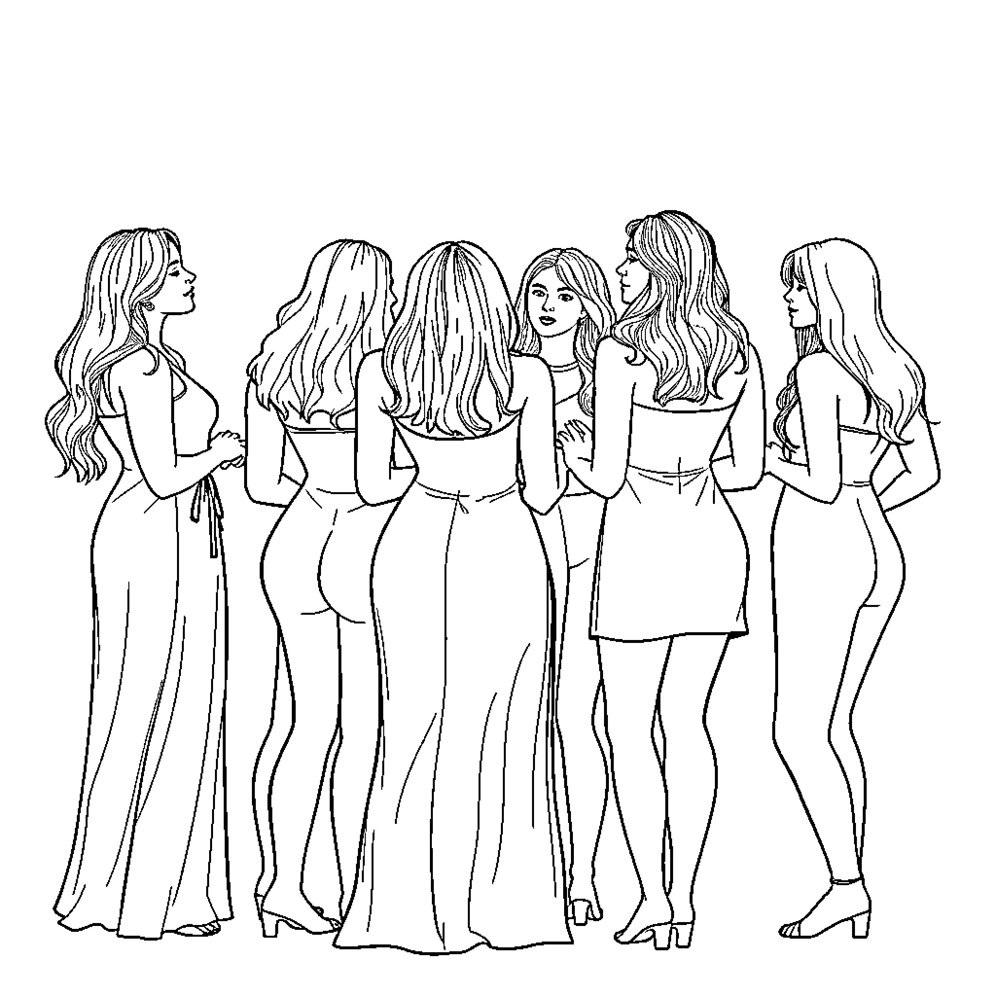 Women in stylish dresses posing together Coloring Page (free black-and-white line drawing printable PDF for all, from beginners to advanced learners, including children, teens, adults, and seniors)