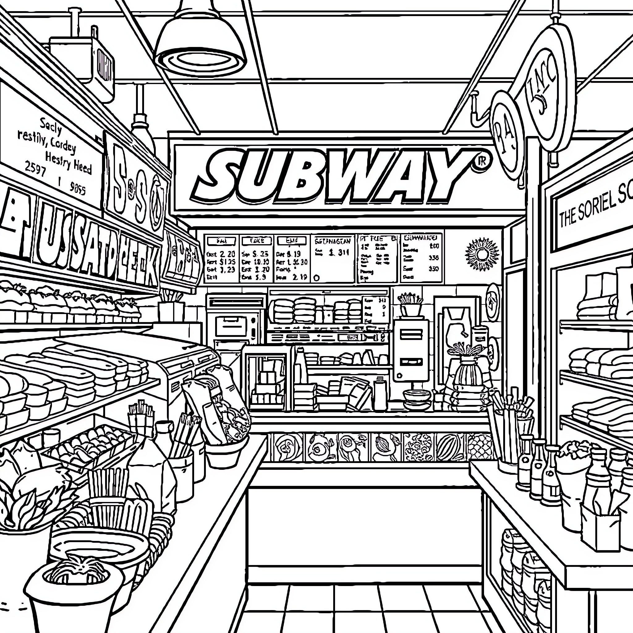 Subway Storefront with Busy Interior Coloring Page (free black-and-white line drawing printable PDF for all, from beginners to advanced learners, including children, teens, adults, and seniors)