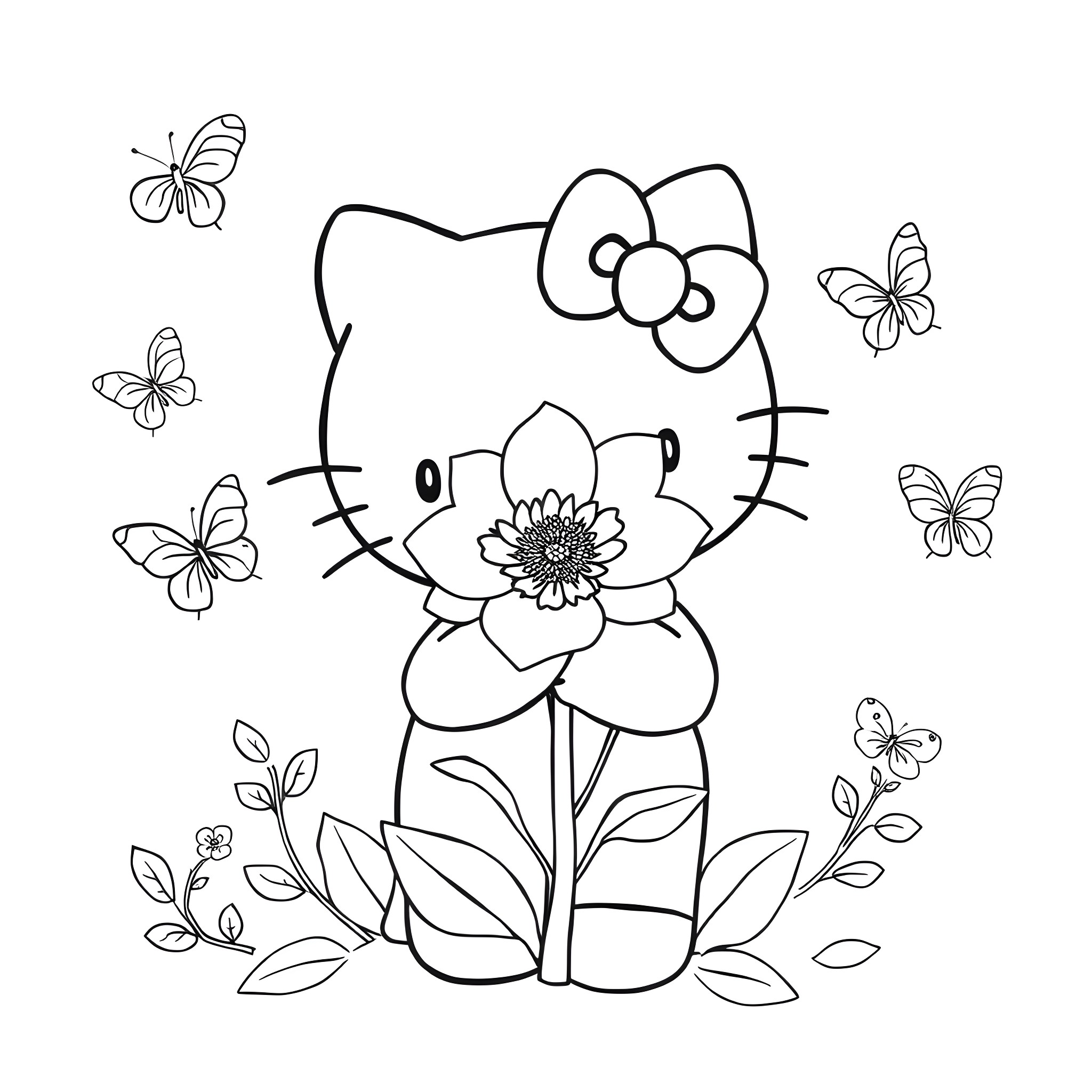Hello Kitty surrounded by butterflies and flowers Coloring Page (free black-and-white line drawing printable PDF for all, from beginners to advanced learners, including children, teens, adults, and seniors)