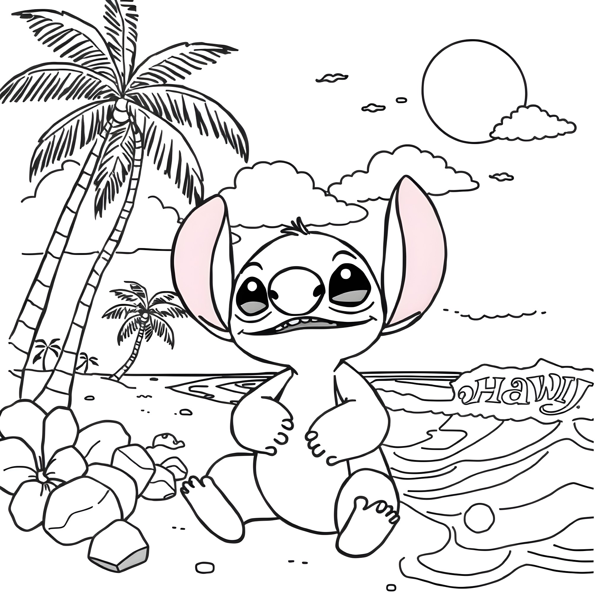Stitch enjoying the tropical beach paradise Coloring Page (free black-and-white line drawing printable PDF for all, from beginners to advanced learners, including children, teens, adults, and seniors)