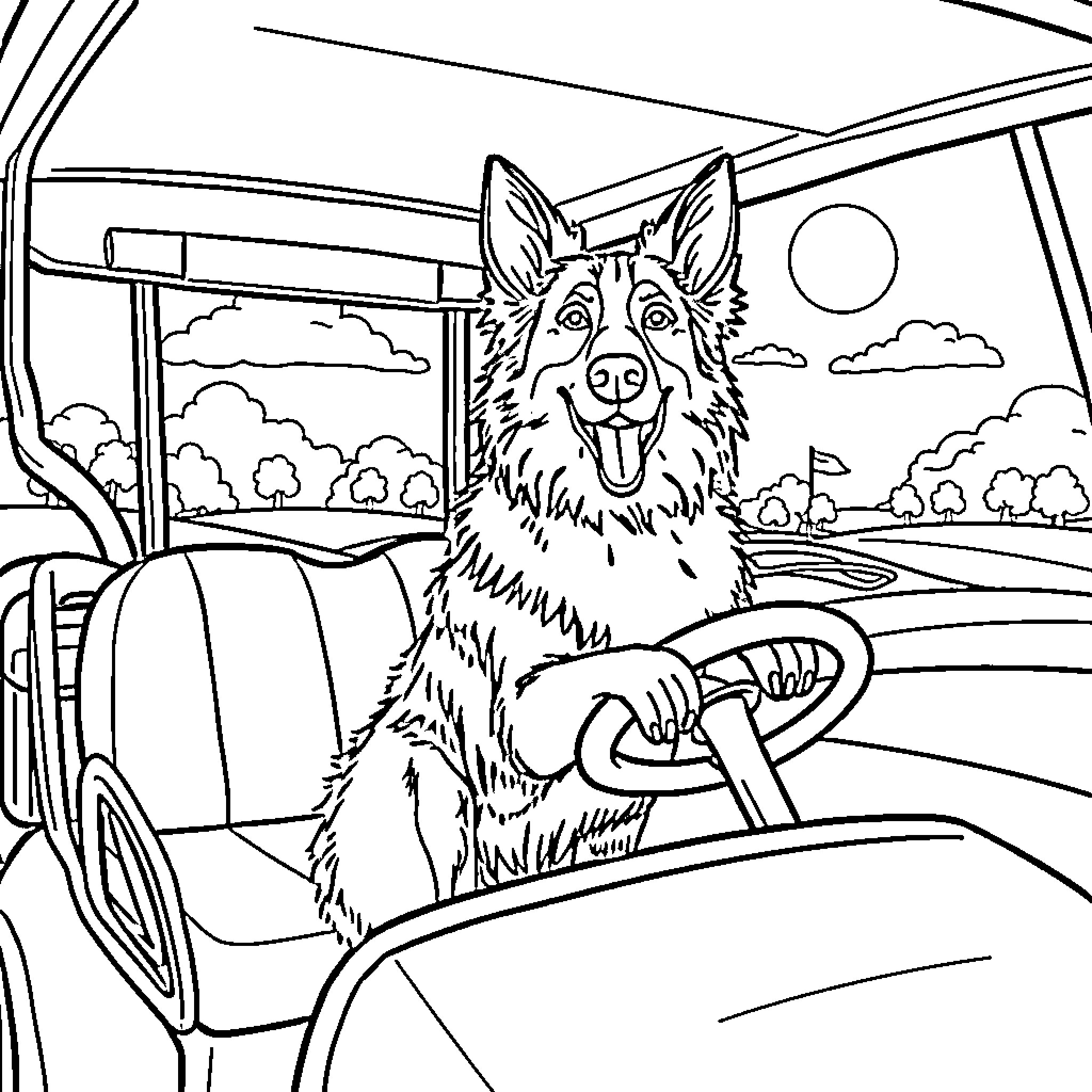 Border Collie Driving a Car Through the Countryside Coloring Page (free black-and-white line drawing printable PDF for all, from beginners to advanced learners, including children, teens, adults, and seniors)