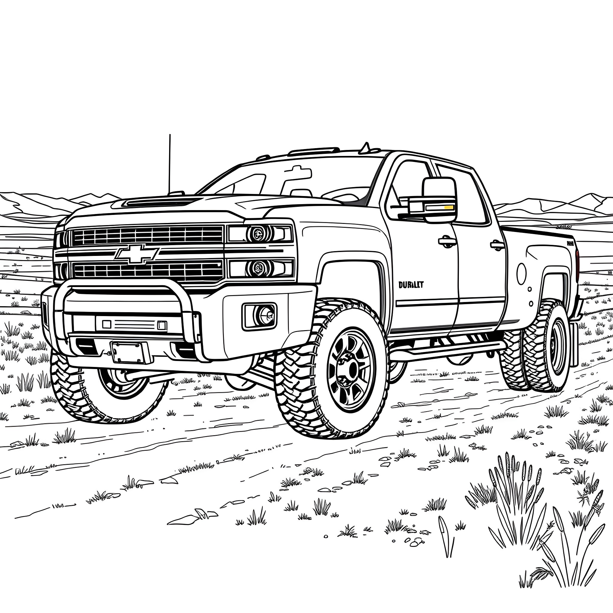 Chevy Dually truck off-roading in desert terrain Coloring Page (free black-and-white line drawing printable PDF for all, from beginners to advanced learners, including children, teens, adults, and seniors)