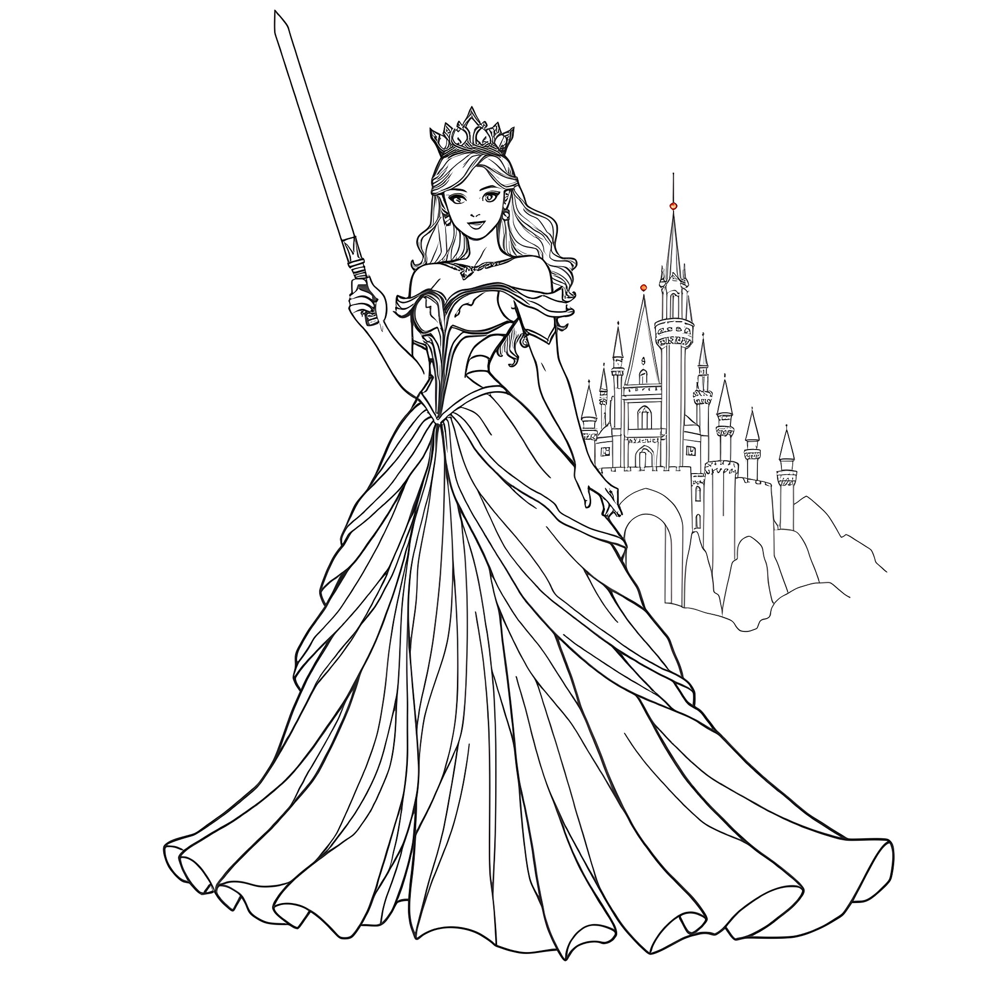 Princess wielding sword before fantasy castle Coloring Page (free black-and-white line drawing printable PDF for all, from beginners to advanced learners, including children, teens, adults, and seniors)