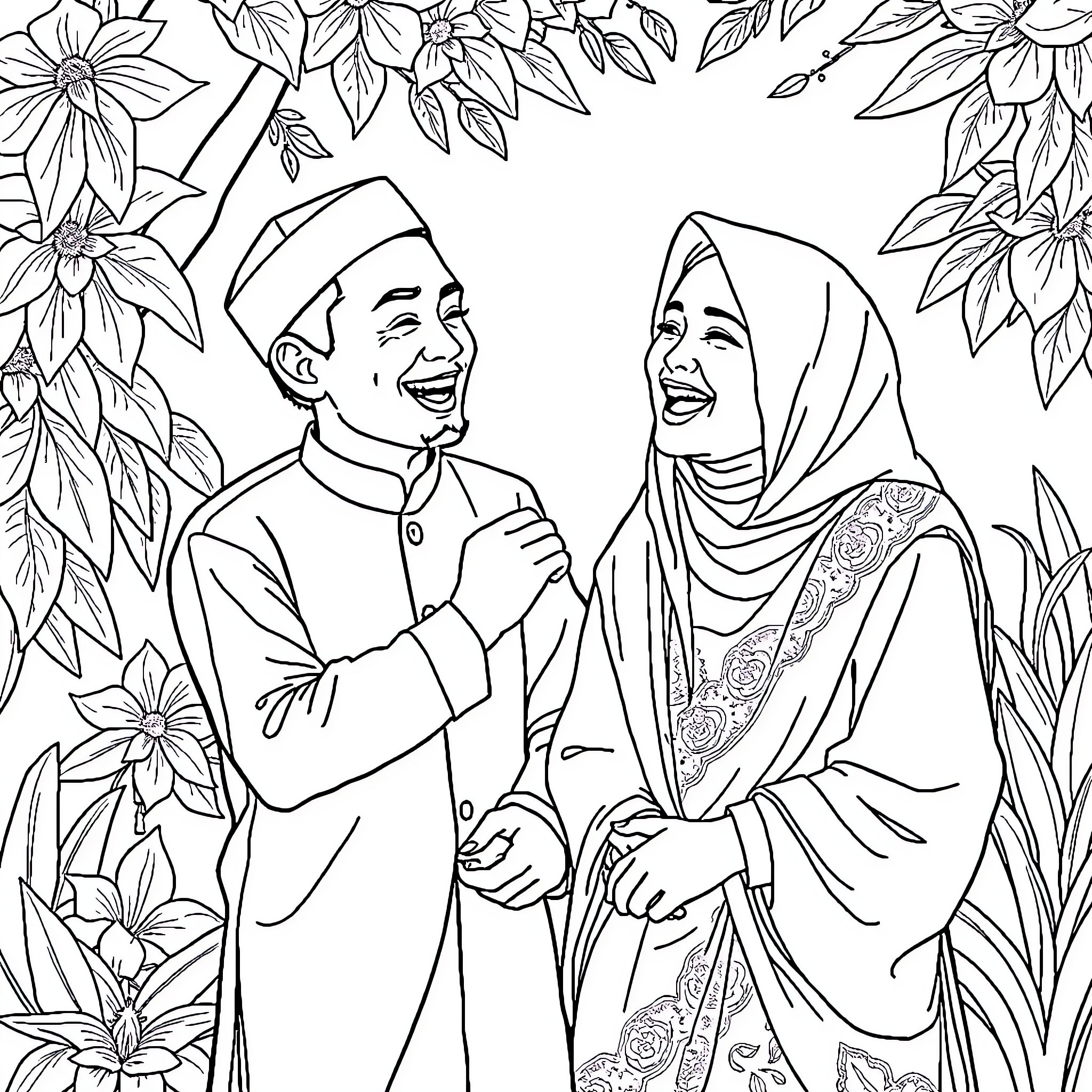 Tung Couple in Floral Embrace Coloring Page (free black-and-white line drawing printable PDF for all, from beginners to advanced learners, including children, teens, adults, and seniors)