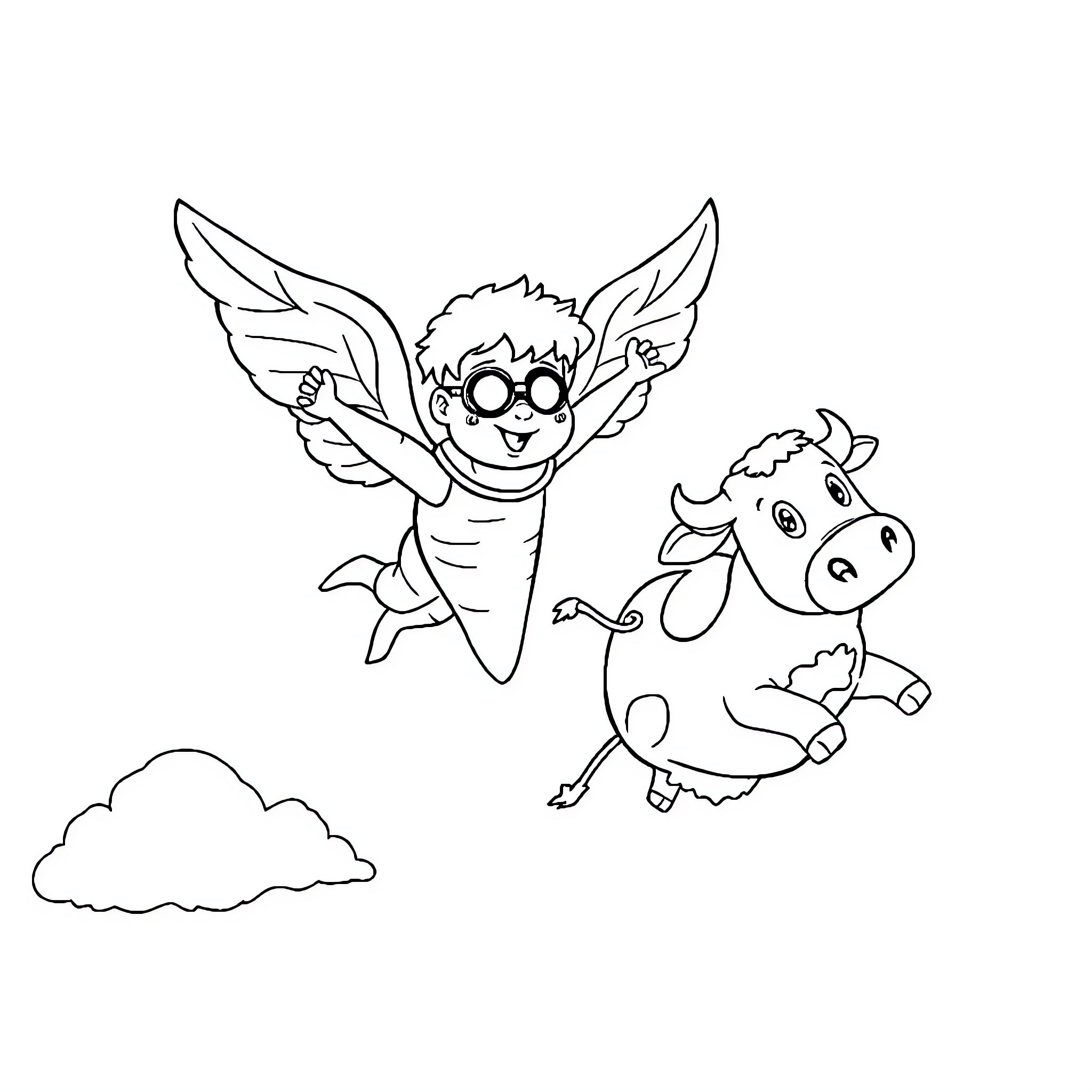 Carrot-winged creature and flying cow in the sky Coloring Page (free black-and-white line drawing printable PDF for all, from beginners to advanced learners, including children, teens, adults, and seniors)