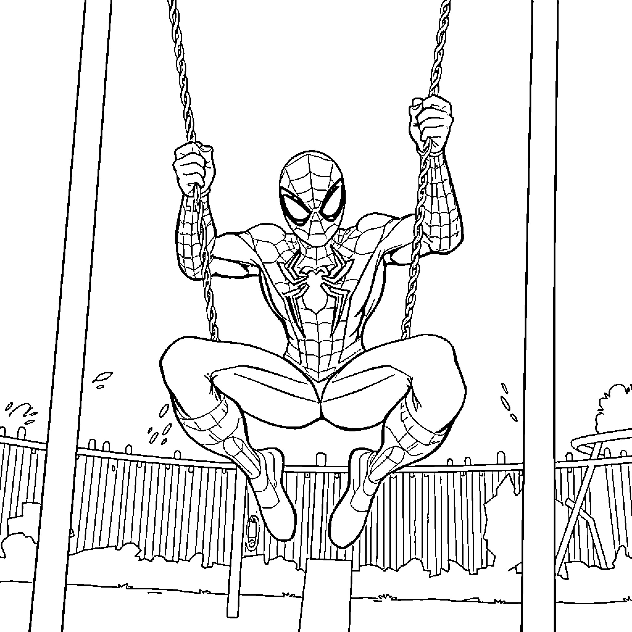 Spiderman swinging high on playground ropes Coloring Page (free black-and-white line drawing printable PDF for all, from beginners to advanced learners, including children, teens, adults, and seniors)