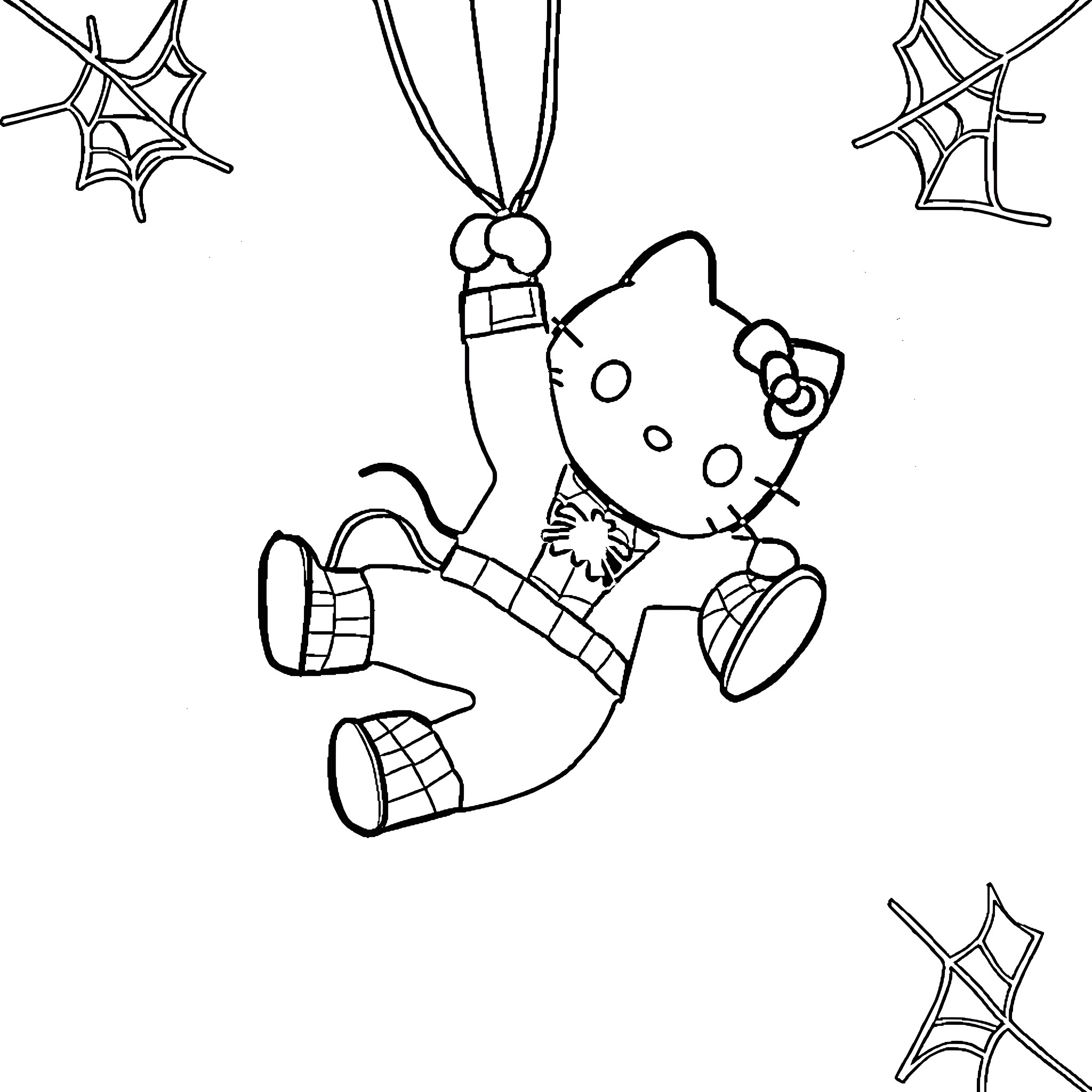 Hello Kitty getting ready for Halloween Coloring Page (free black-and-white line drawing printable PDF for all, from beginners to advanced learners, including children, teens, adults, and seniors)