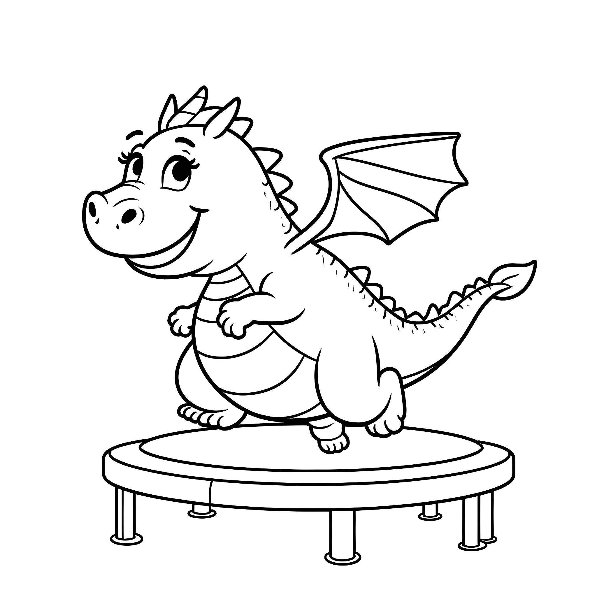 Dragon jumping happily on trampoline Coloring Page (free black-and-white line drawing printable PDF for all, from beginners to advanced learners, including children, teens, adults, and seniors)