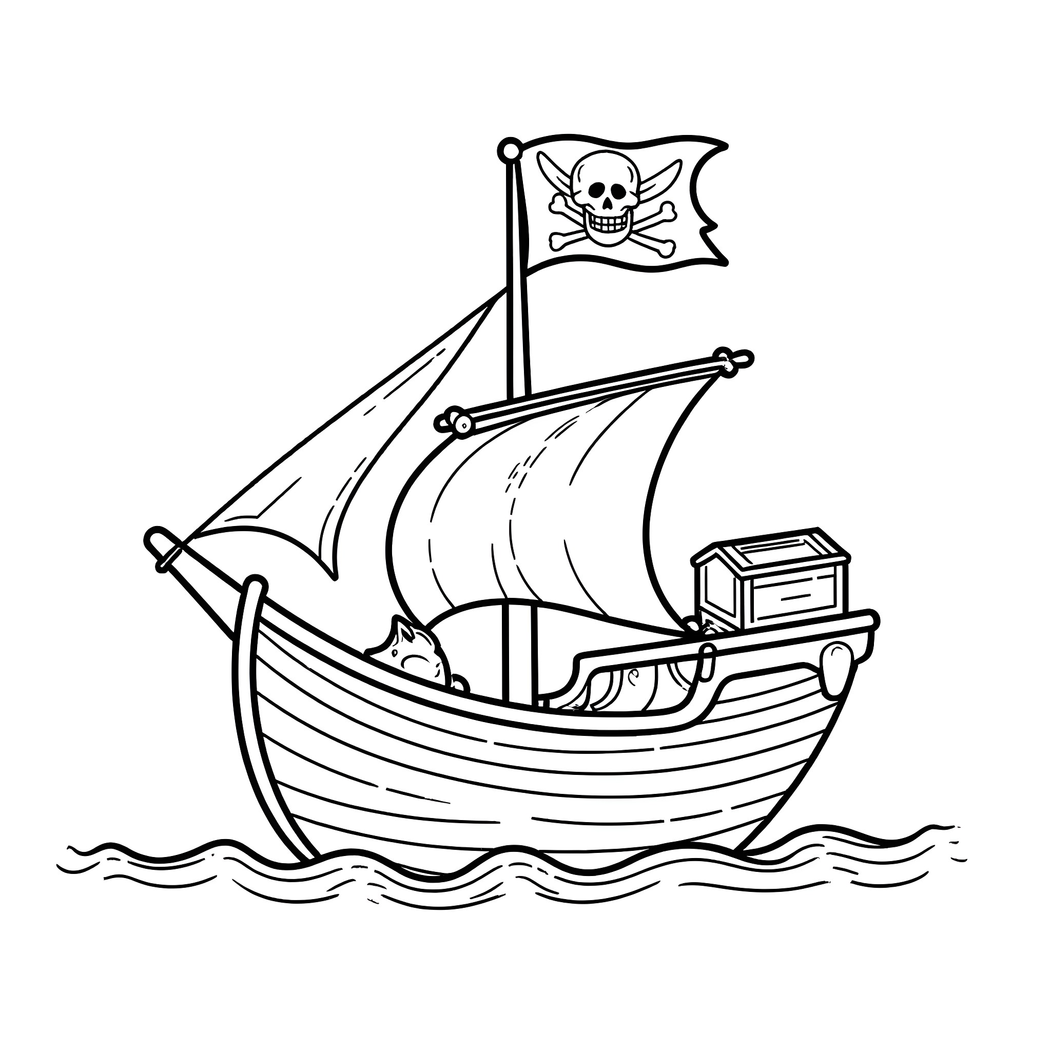 Vacuum pirate ship sailing the seas Coloring Page (free black-and-white line drawing printable PDF for all, from beginners to advanced learners, including children, teens, adults, and seniors)