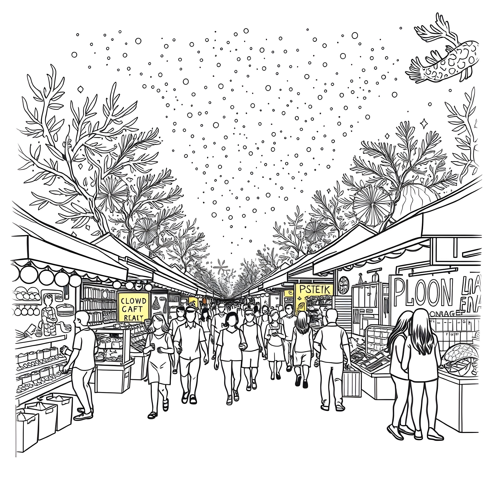 Night Market with Bustling Crowds and Lively Stalls Coloring Page (free black-and-white line drawing printable PDF for all, from beginners to advanced learners, including children, teens, adults, and seniors)