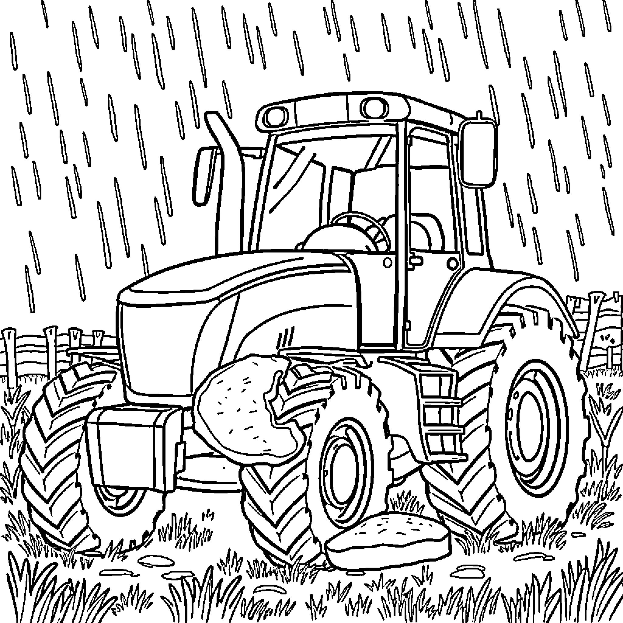 Tractor working in the rainy field Coloring Page (free black-and-white line drawing printable PDF for all, from beginners to advanced learners, including children, teens, adults, and seniors)
