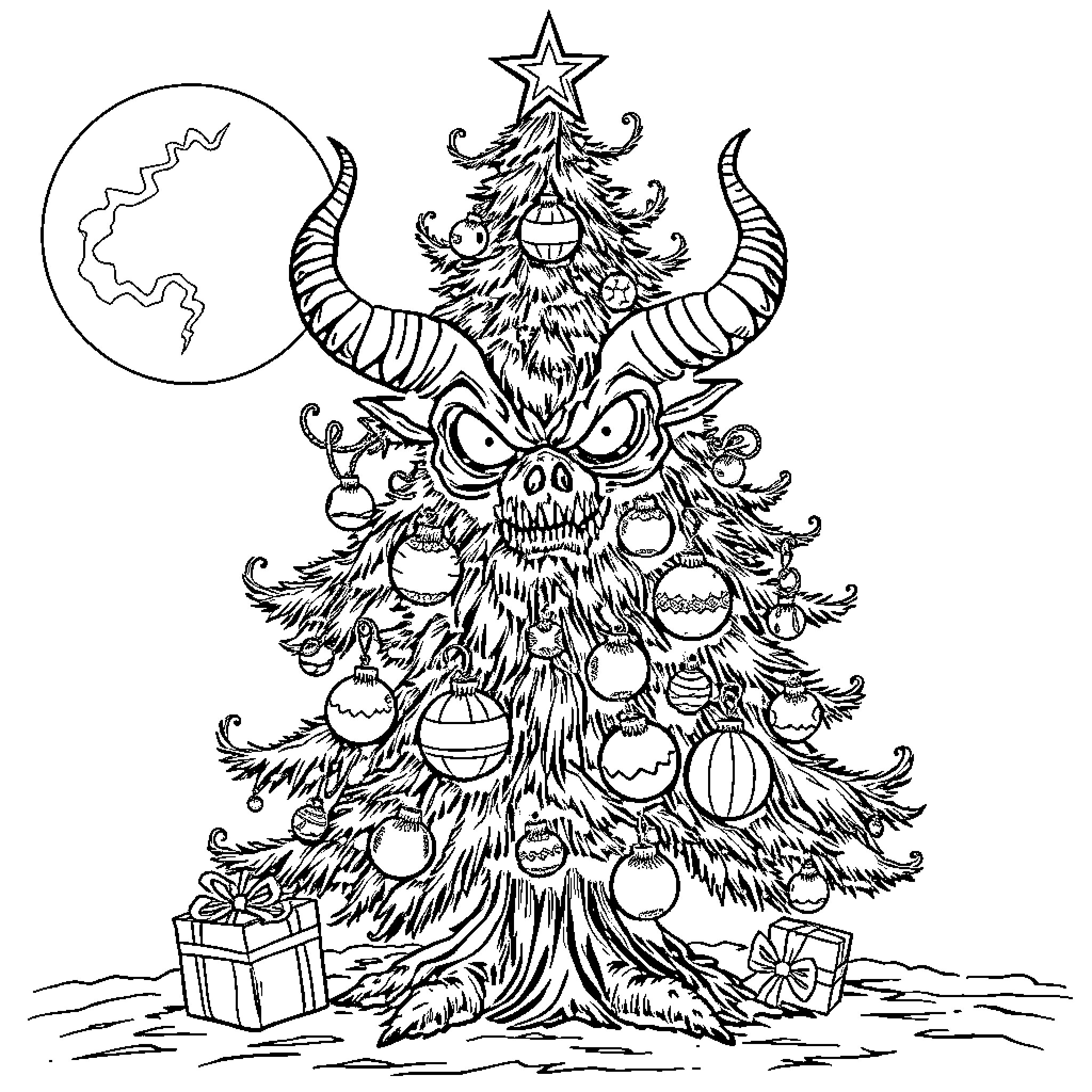 Demon Christmas Tree with Twisted Branches and Decorations Coloring Page (free black-and-white line drawing printable PDF for all, from beginners to advanced learners, including children, teens, adults, and seniors)