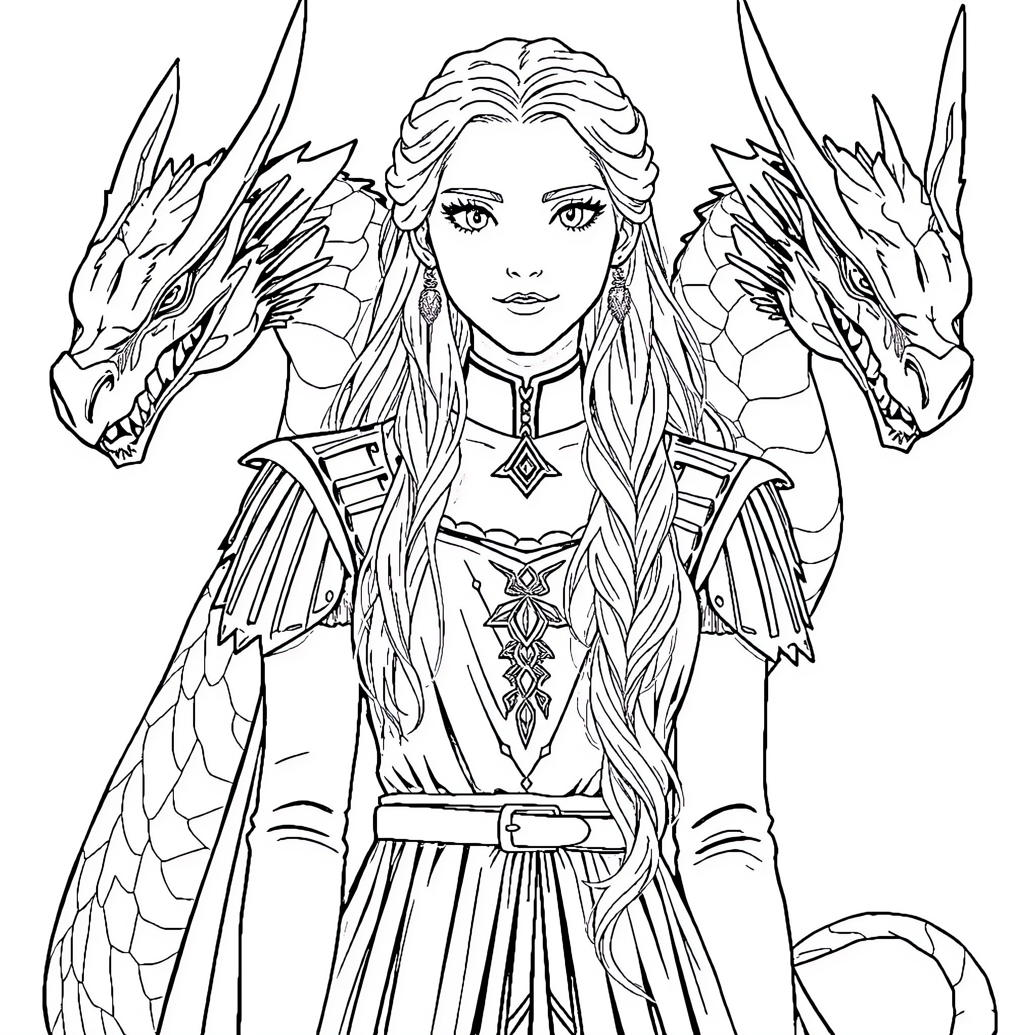 Daenerys with Majestic Dragons in Ceremonial Attire Coloring Page (free black-and-white line drawing printable PDF for all, from beginners to advanced learners, including children, teens, adults, and seniors)
