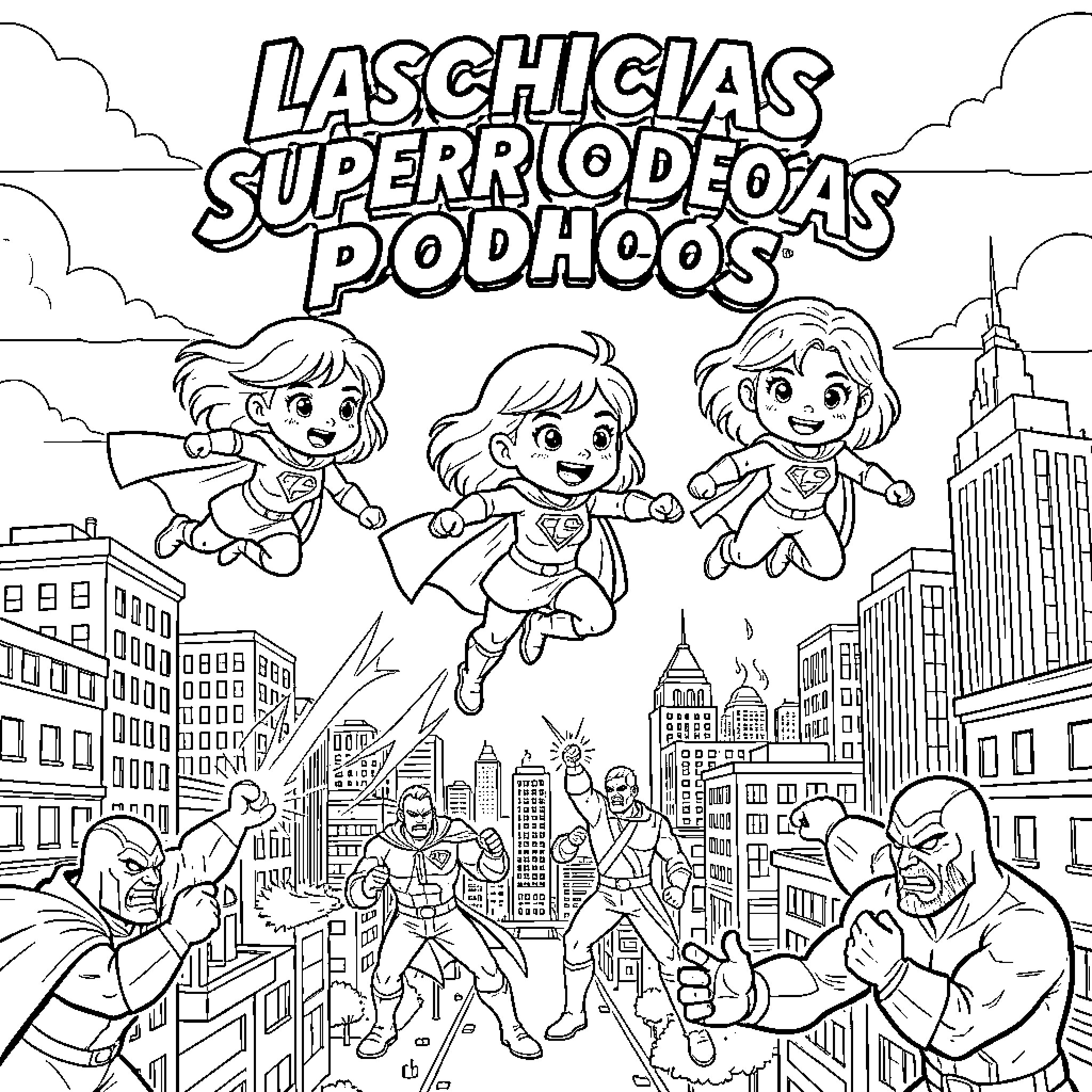 Powerpuff Girls saving the city in action Coloring Page (free black-and-white line drawing printable PDF for all, from beginners to advanced learners, including children, teens, adults, and seniors)