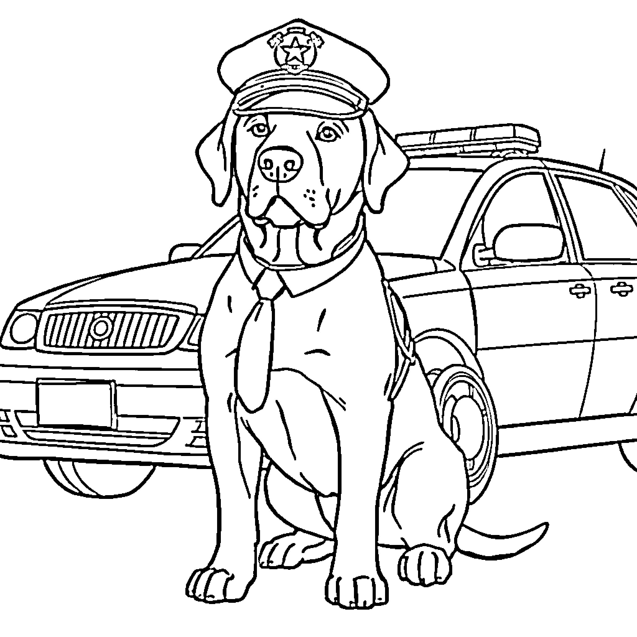 Labrador Police Dog Guarding Police Car Coloring Page (free black-and-white line drawing printable PDF for all, from beginners to advanced learners, including children, teens, adults, and seniors)