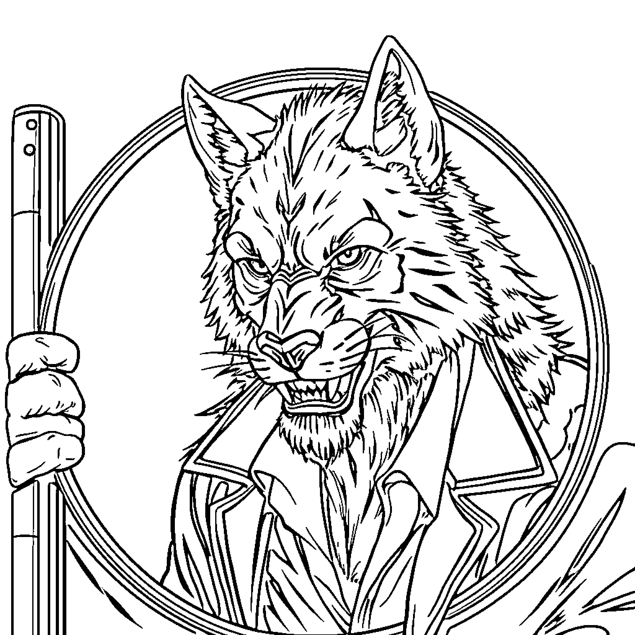 Hombre Lobo wielding a weapon in an intense stance Coloring Page (free black-and-white line drawing printable PDF for all, from beginners to advanced learners, including children, teens, adults, and seniors)