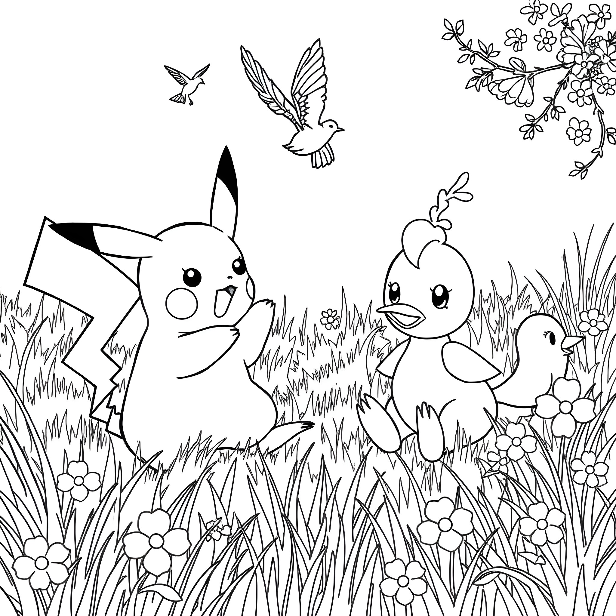 Pikachu and Pokemon Friends in Nature Coloring Page (free black-and-white line drawing printable PDF for all, from beginners to advanced learners, including children, teens, adults, and seniors)