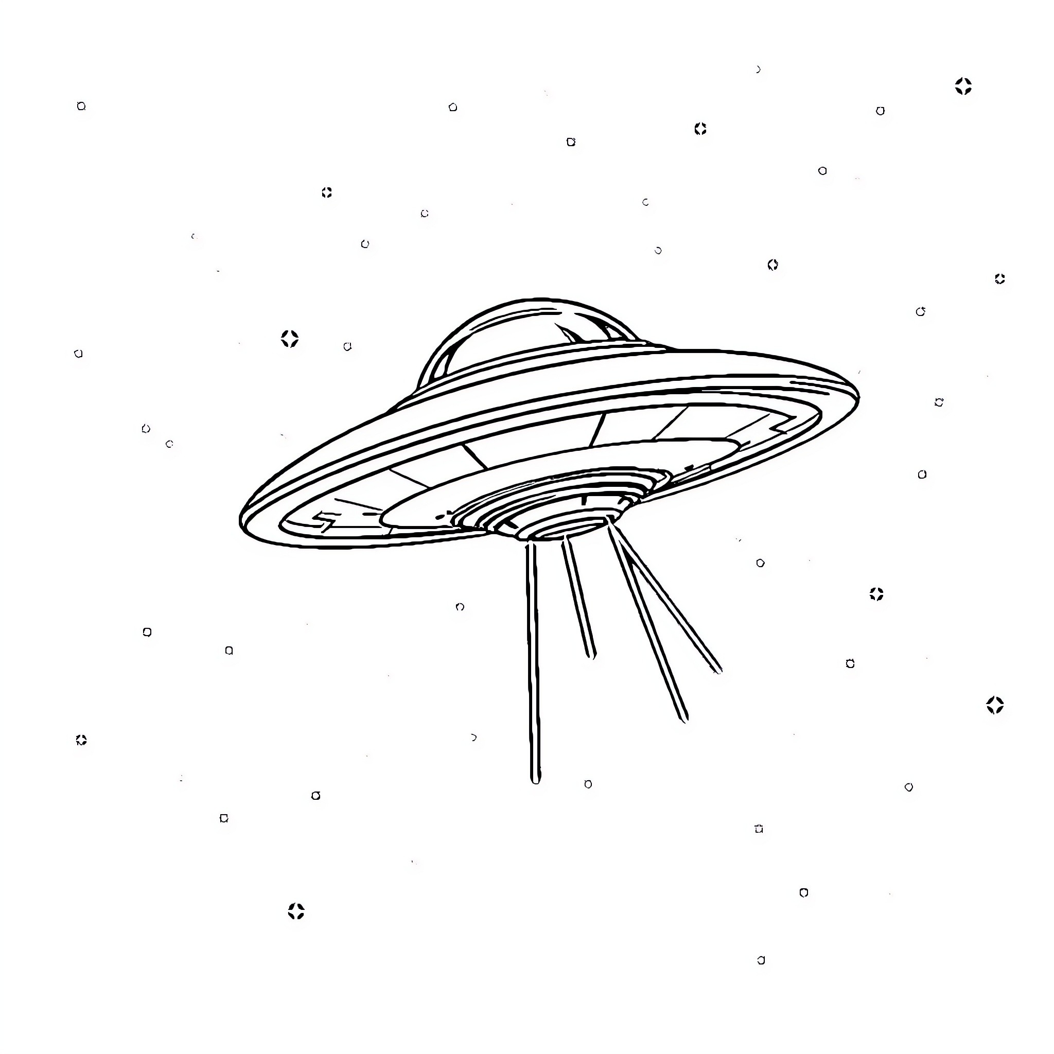 UFO floating mysteriously in the night sky Coloring Page (free black-and-white line drawing printable PDF for all, from beginners to advanced learners, including children, teens, adults, and seniors)