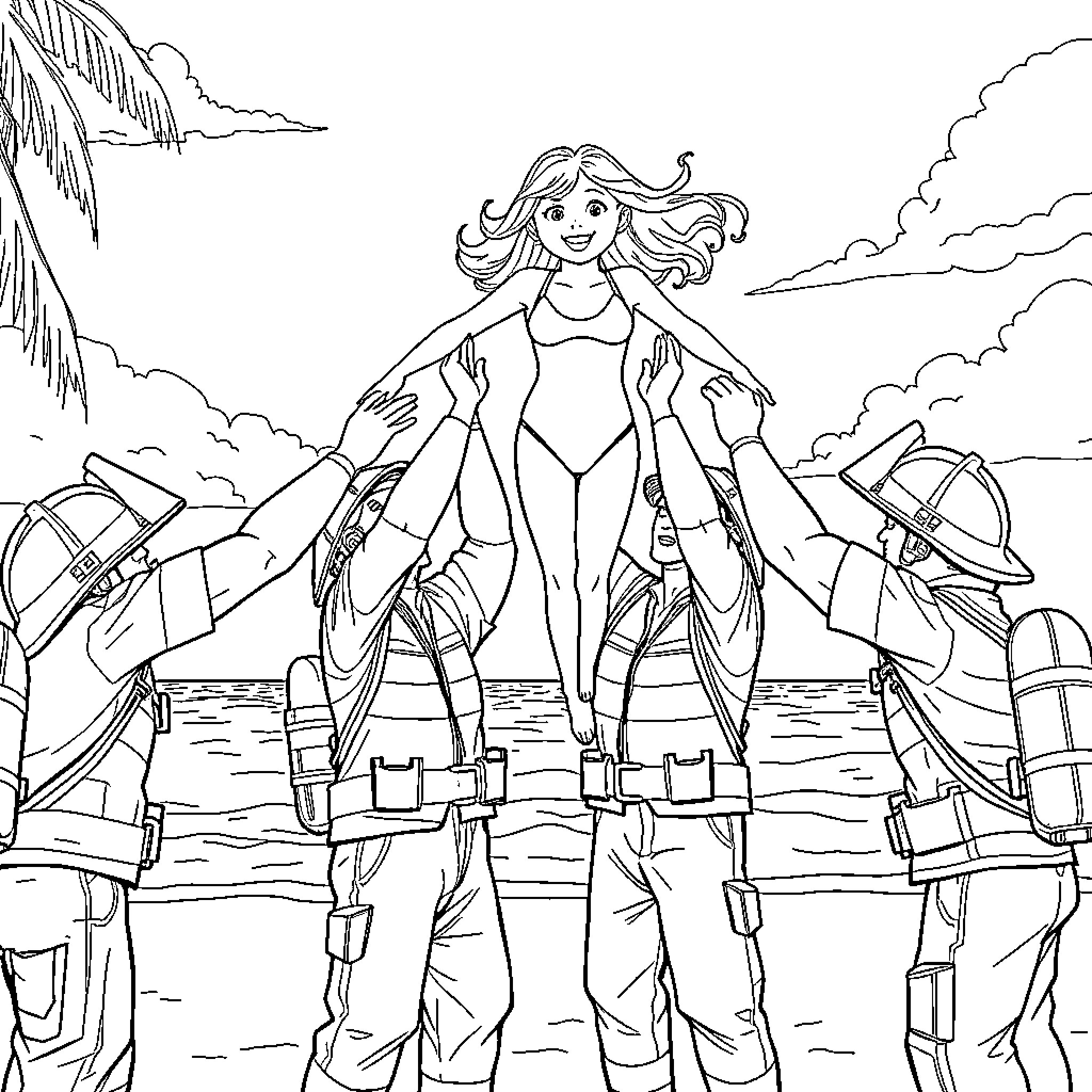 Firefighter leads team in rescue mission Coloring Page (free black-and-white line drawing printable PDF for all, from beginners to advanced learners, including children, teens, adults, and seniors)